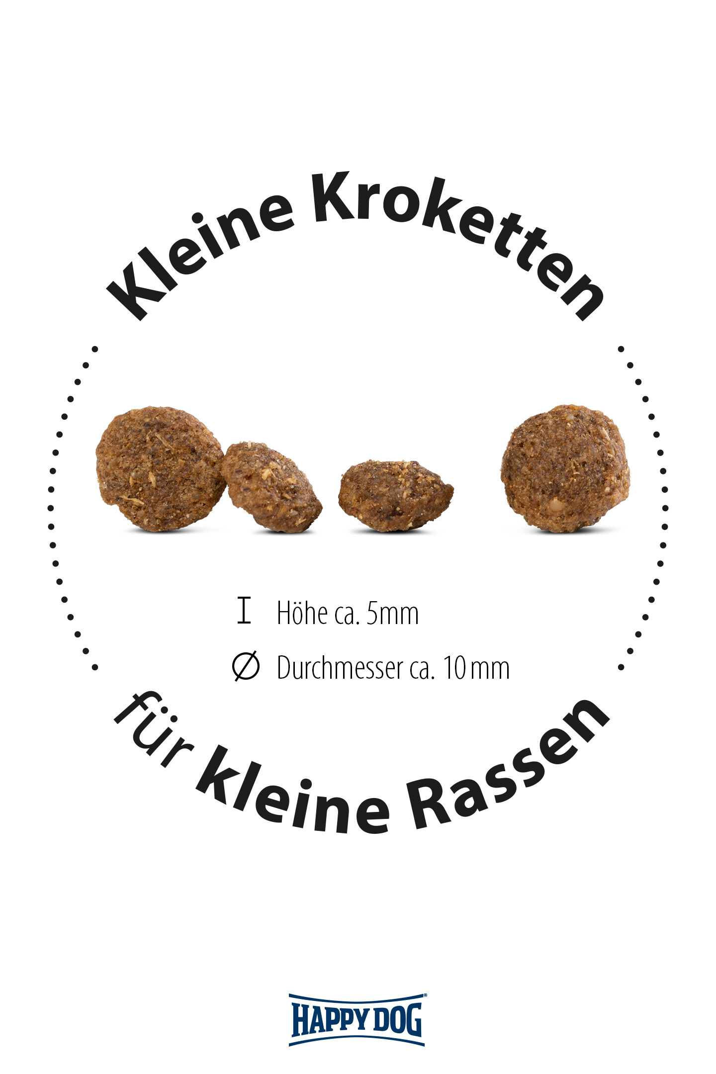Drei kleine Kroketten in einer Reihe. Text: "Kleine Kroketten für kleine Rassen, Höhe ca. 5mm, Durchmesser ca. 10mm." Marke: Happydog.
