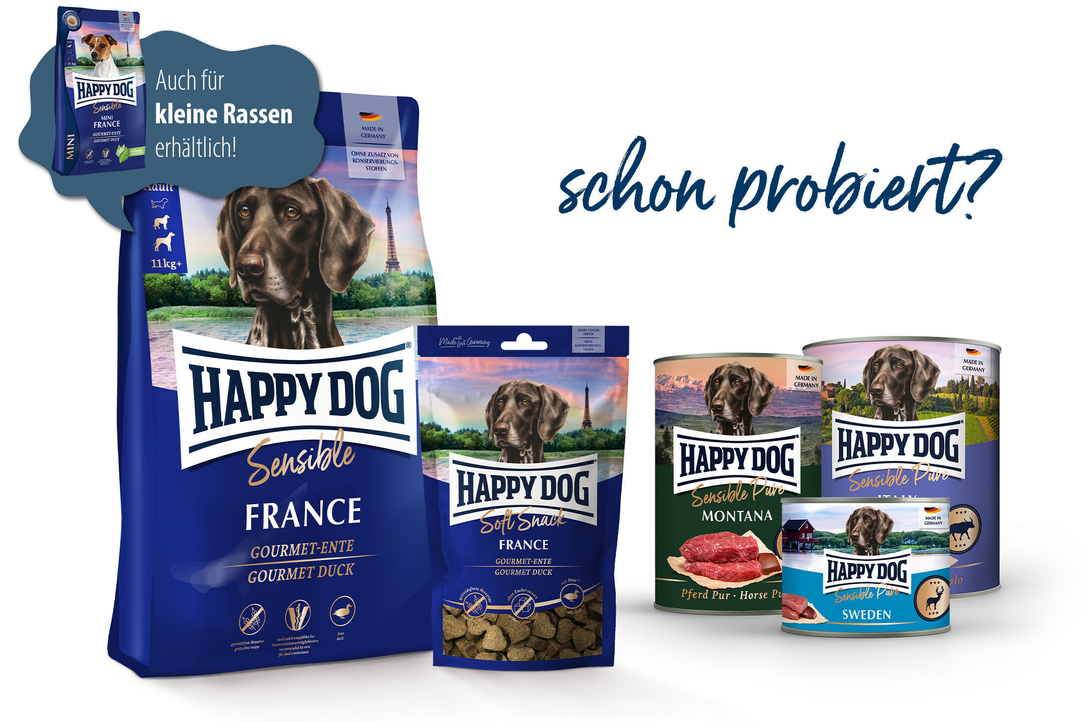 Happy Dog-Produkte, bestehend aus Trockenfutter, Snacks und Dosenfutter, präsentiert mit einem Hundebild. Text: „Schon probiert? Auch für kleine Rassen erhältlich!“