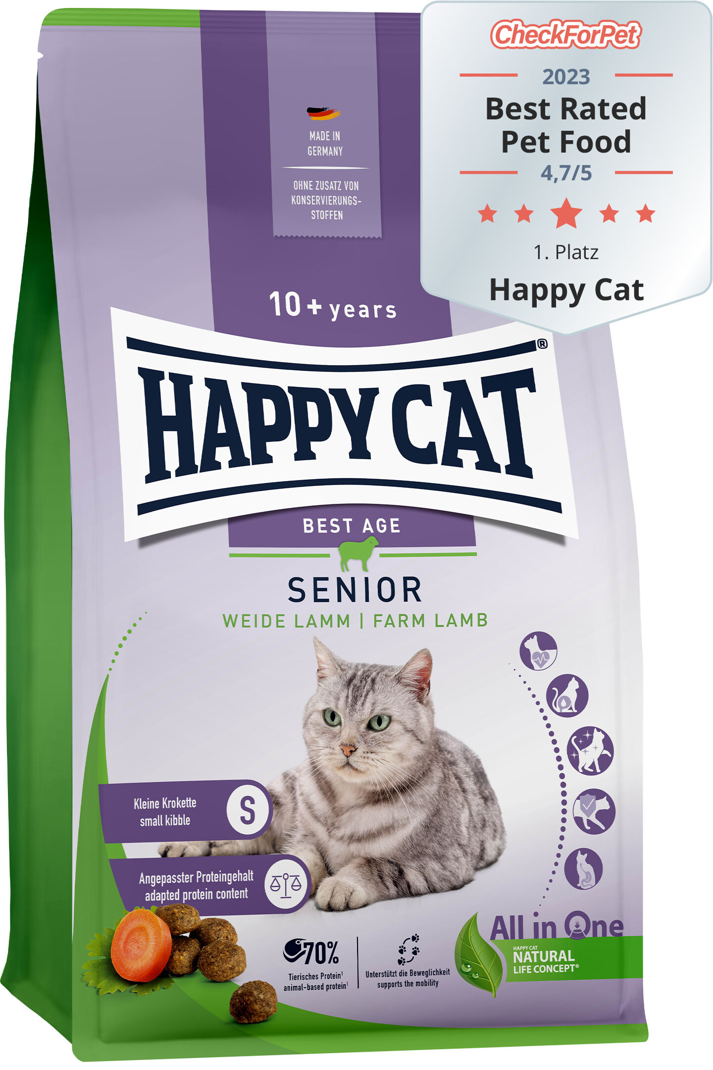 Verpackung für Katzennahrung "Happy Cat Senior", Geschmacksrichtung Weide Lamm, mit Auszeichnung "CheckForPet 2023 Best Rated Pet Food 4,7/5". Enthält Bild einer grauen Katze.