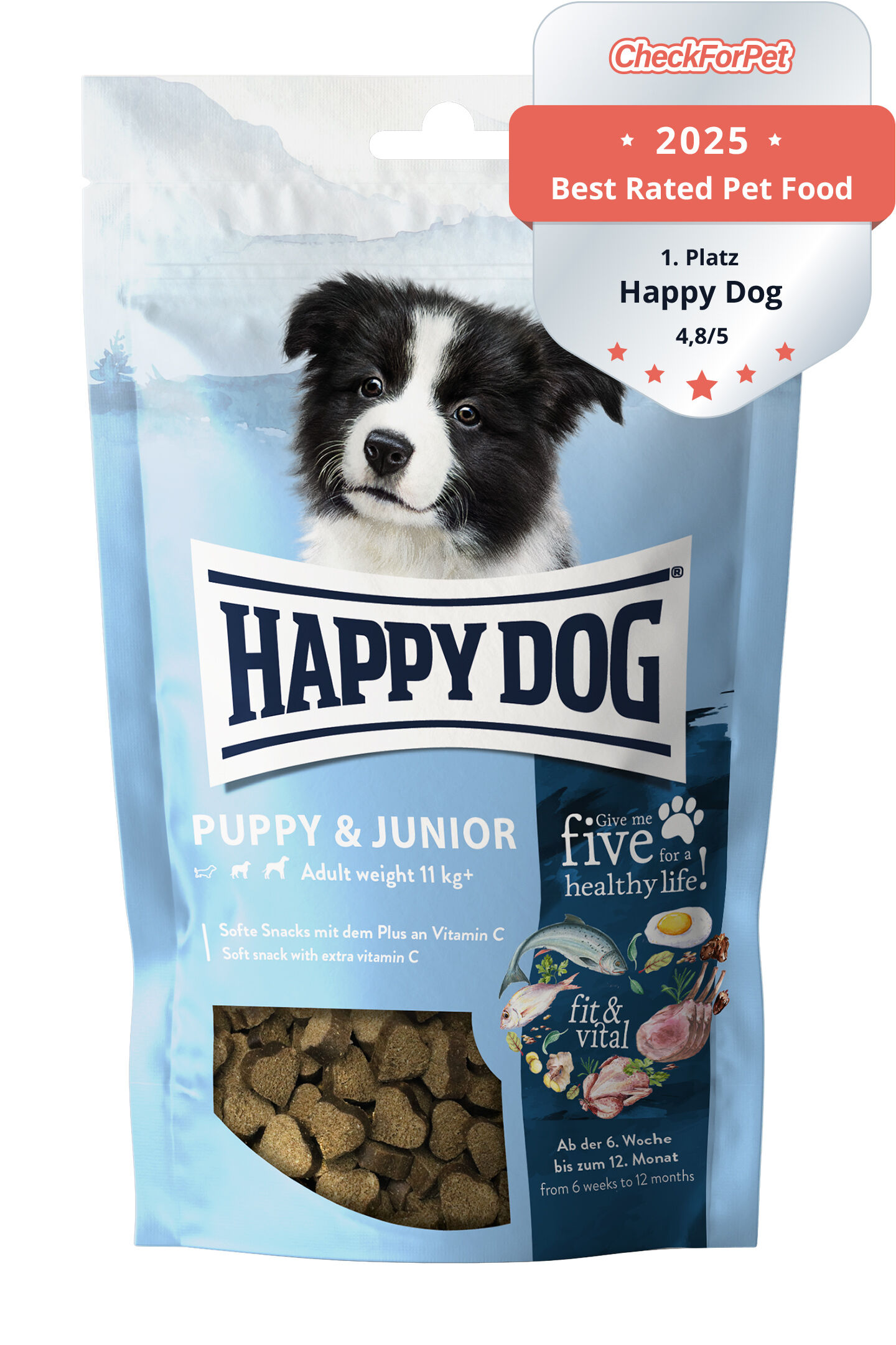 Eine blaue Verpackung von Happydog mit Welpenmotiv. Text: "Puppy & Junior", "Made in Germany", "Ohne Zusatz von Konservierungsstoffen", "Soft snack with extra Vitamin C", "fit & vital", "from 6 weeks to 12 months".