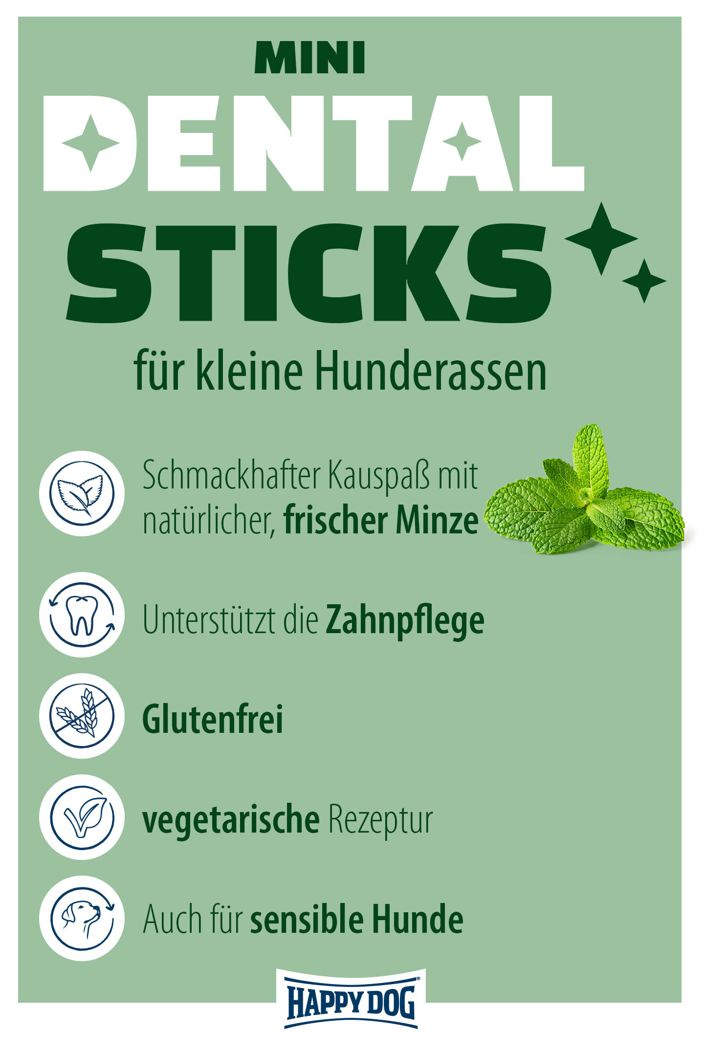 Produktvorteile der Dental Sticks Kaustangen von Happy Dog mit Zahnpflegeeffekt für Hunde