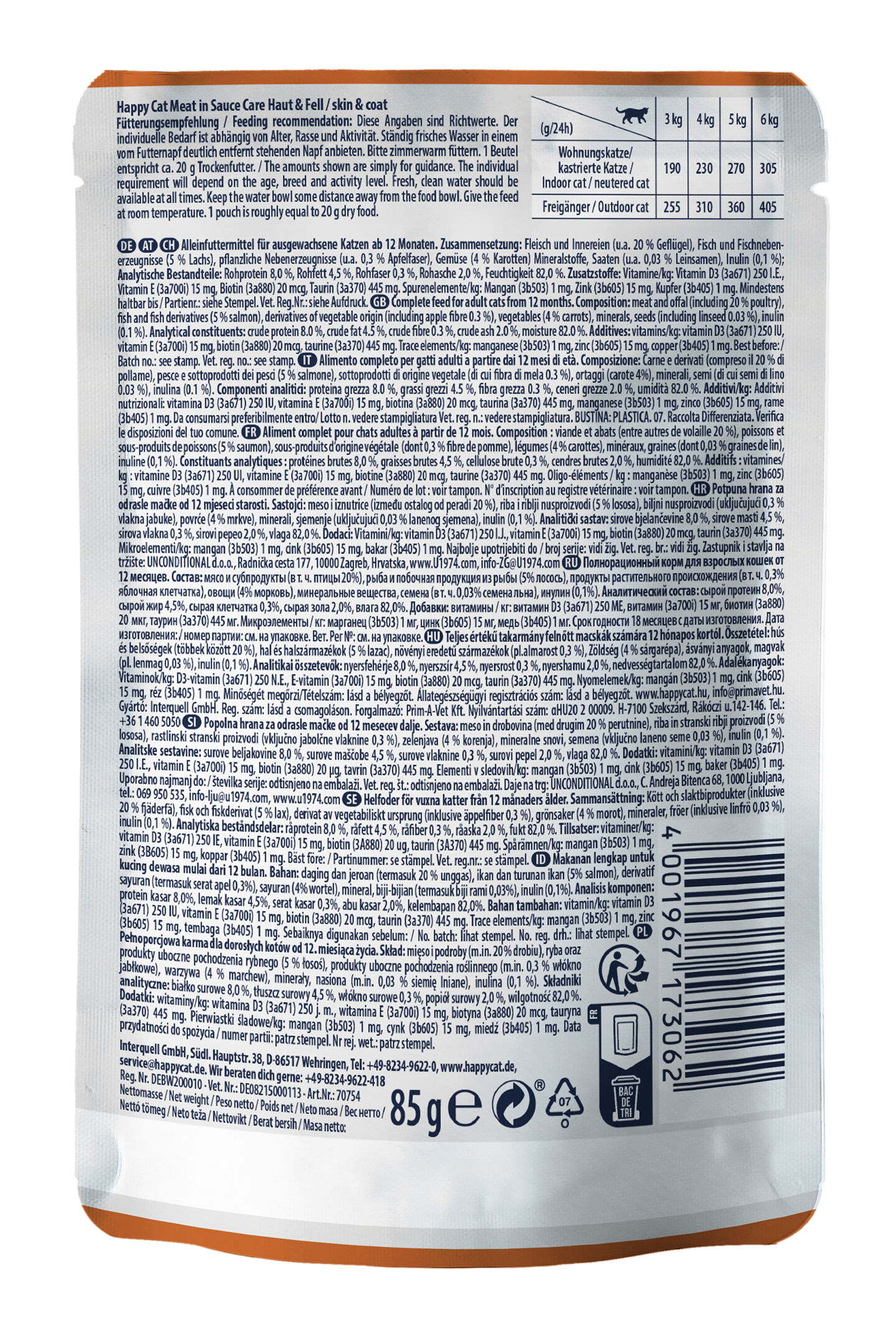 Eine Verpackung von Happy Cat zeigt Fütterungsempfehlungen und Zusammensetzung in mehreren Sprachen. Gewicht: 85g. Enthält Fleisch, Mineralstoffe, Nährwerte, und Hinweise zur Katzenfütterung.