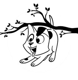 Karikatur eines Hundes unter einem Ast.