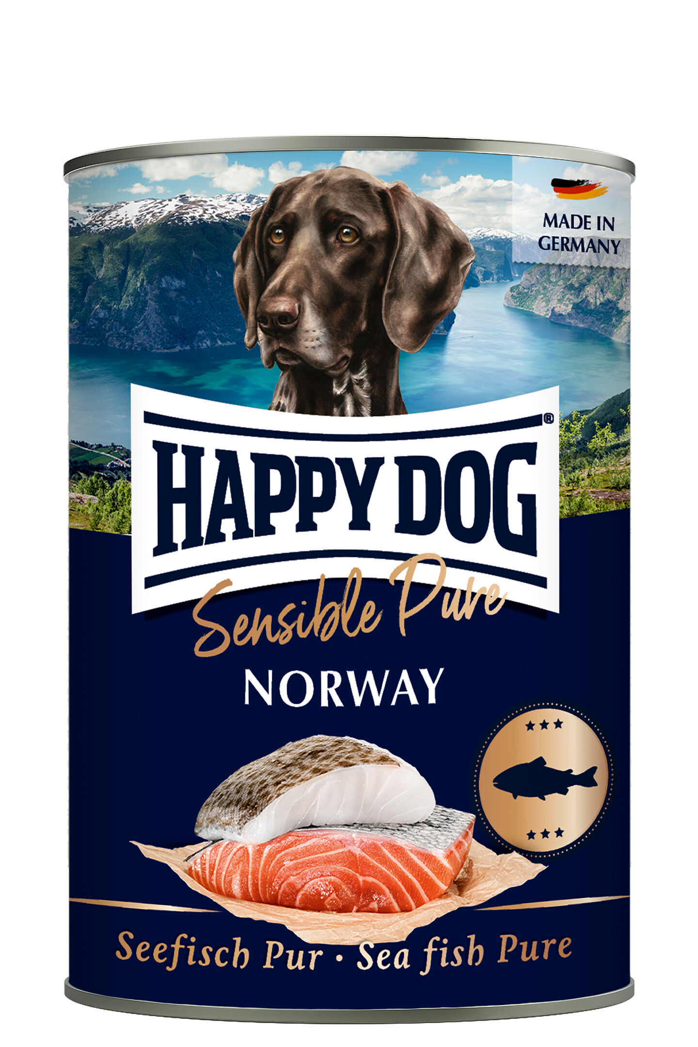 Hundefutterdose mit Aufschrift: "HAPPY DOG Sensible Pure NORWAY, Seefisch Pur." Bild eines Hundes, Fischfilets und norwegische Landschaft im Hintergrund. "MADE IN GERMANY."