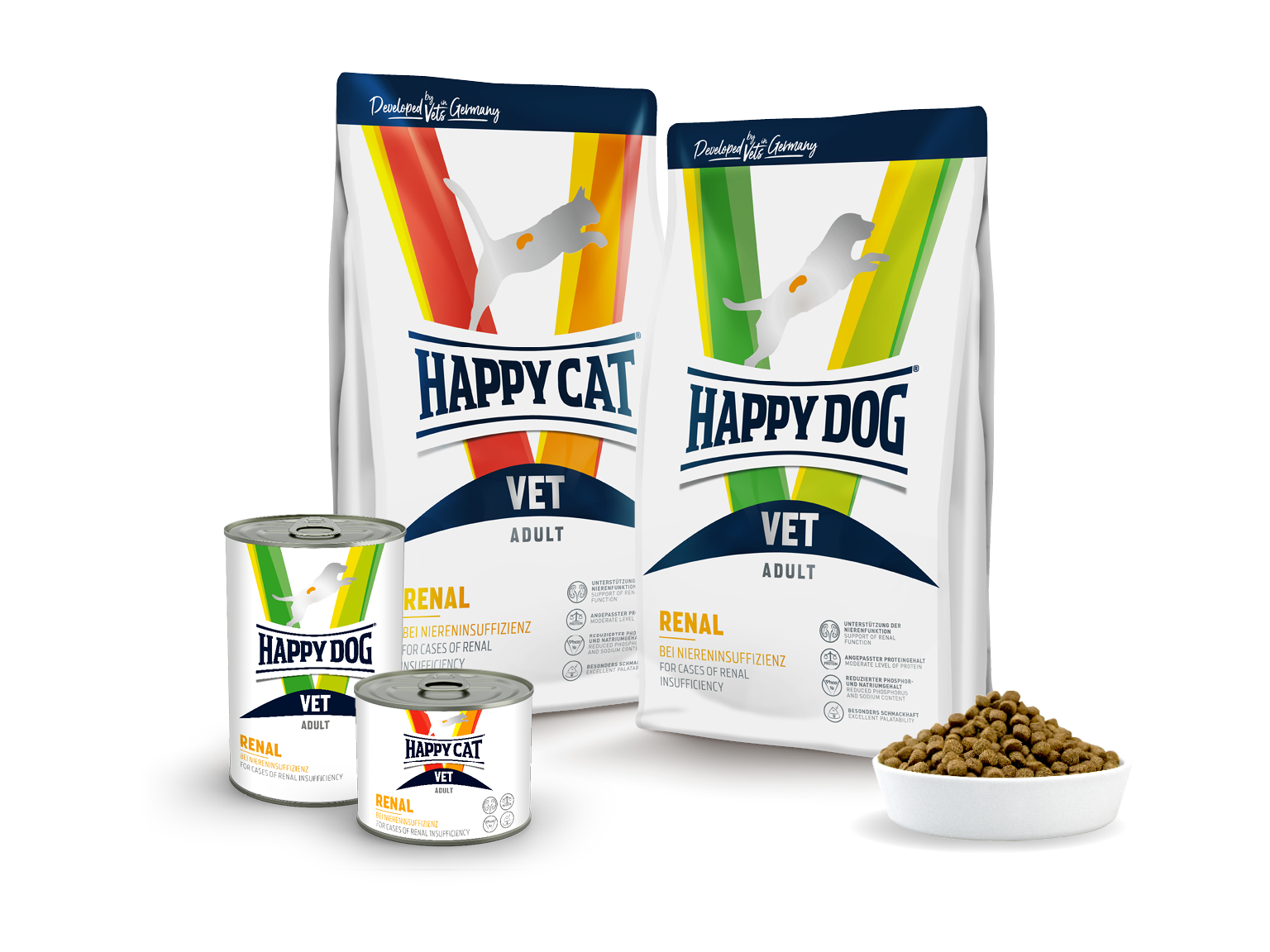Vet Produkte und ein befüllter Futternapf.