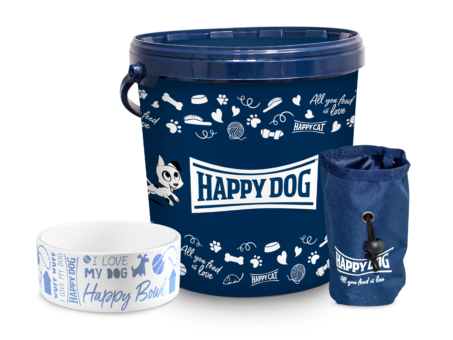 Darstellung eines Hundenapfs, einer Futtertonne und eines Leckerlibeutels der Marke Happy Dog.