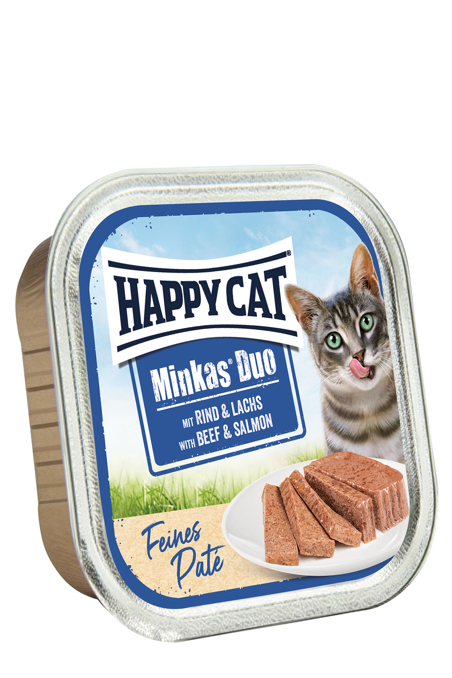 Minkas Duo Rind & Lachs Paté Verpackung von Happy Cat Minkas Duo Feines Paté mit Rind & Lachs. Eine Katze leckt sich die Lippen, daneben ein Teller mit Patéscheiben.