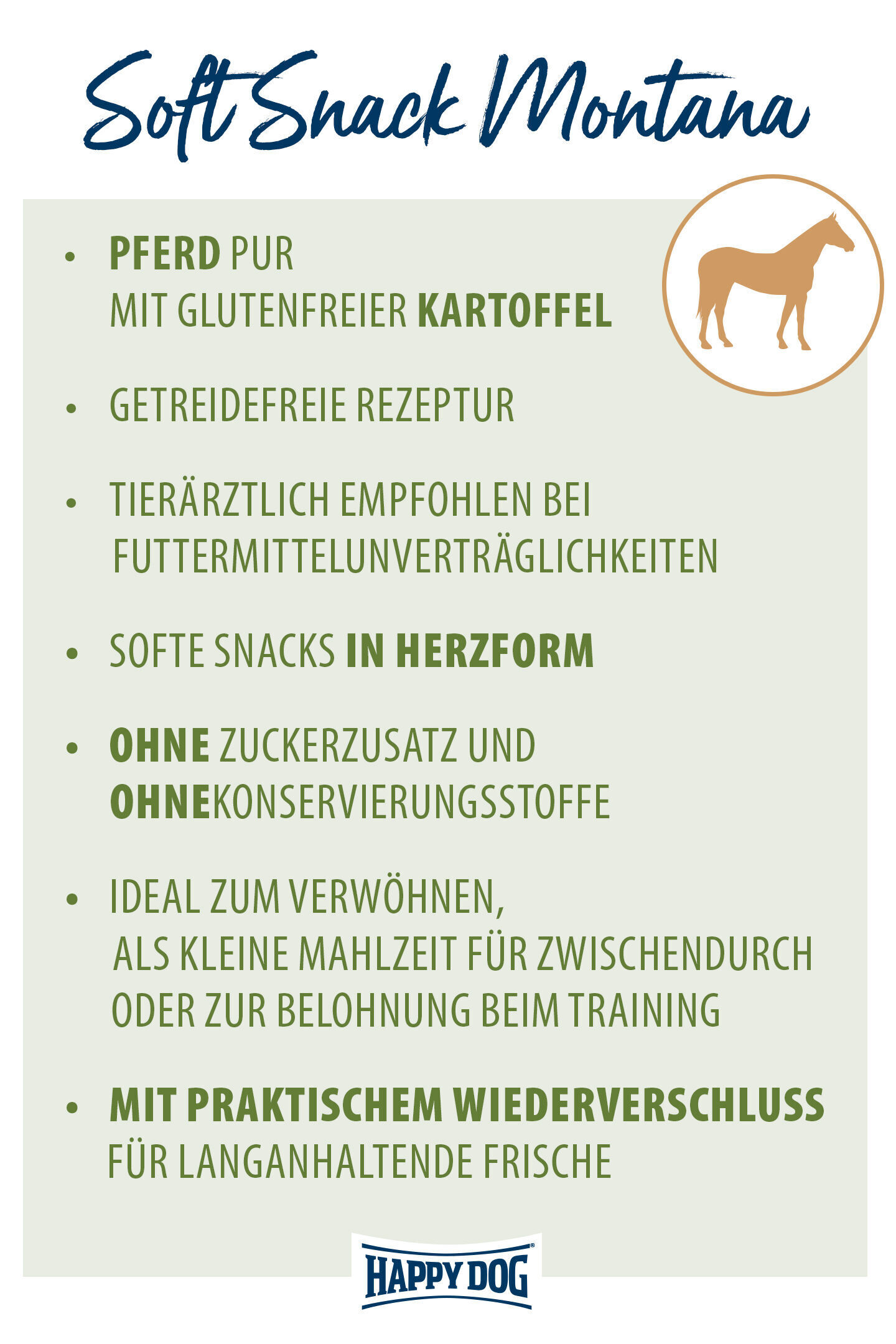 Soft Snack Montana: Pferd mit glutenfreier Kartoffel, getreidefrei, herzförmig, ohne Zuckerzusatz und Konservierungsstoffe. Tierärztlich empfohlen bei Unverträglichkeiten. Ideal als Snack oder Belohnung. Mit Wiederverschluss. Happydog-Logo unten.