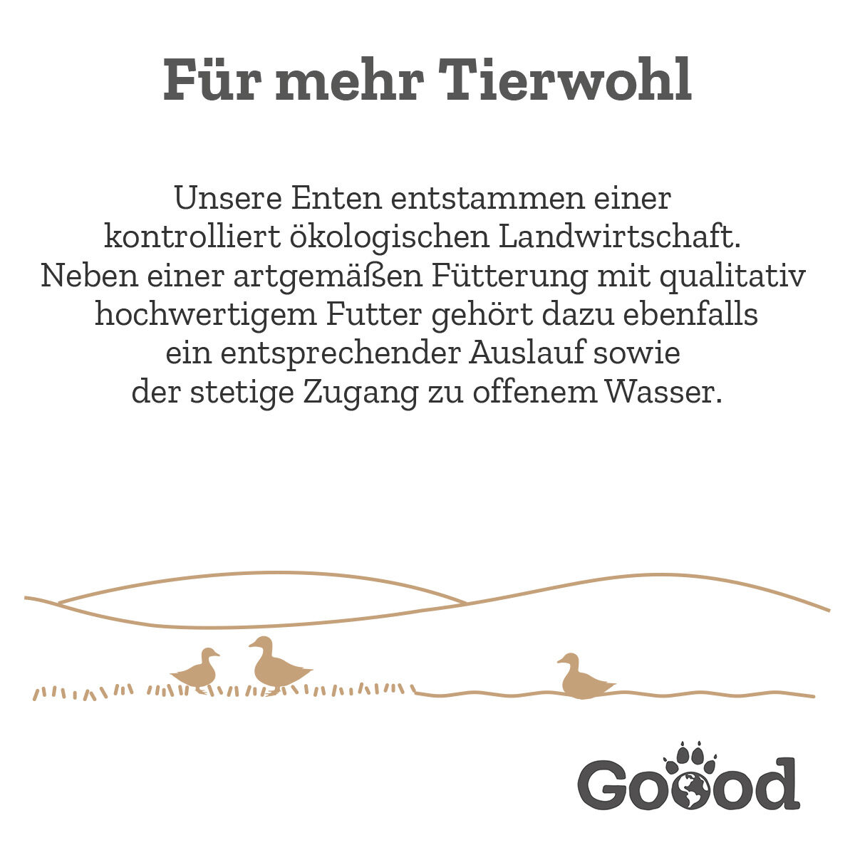 Text: „Für mehr Tierwohl. Unsere Enten stammen aus kontrolliert ökologischer Landwirtschaft mit artgerechter Fütterung, Auslauf und ständigem Zugang zu offenem Wasser.“ Illustration zeigt Enten auf einer Wiese. Logo „Goood“ sichtbar.