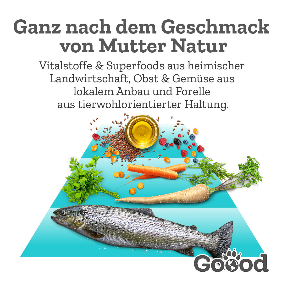 Naturbelassene Zutaten wie Forelle, Gemüse und Samen auf einem blauen Hintergrund, begleitet von Text: „Ganz nach dem Geschmack von Mutter Natur... nachhaltiger Aquakultur.“ Marke „Goood“.