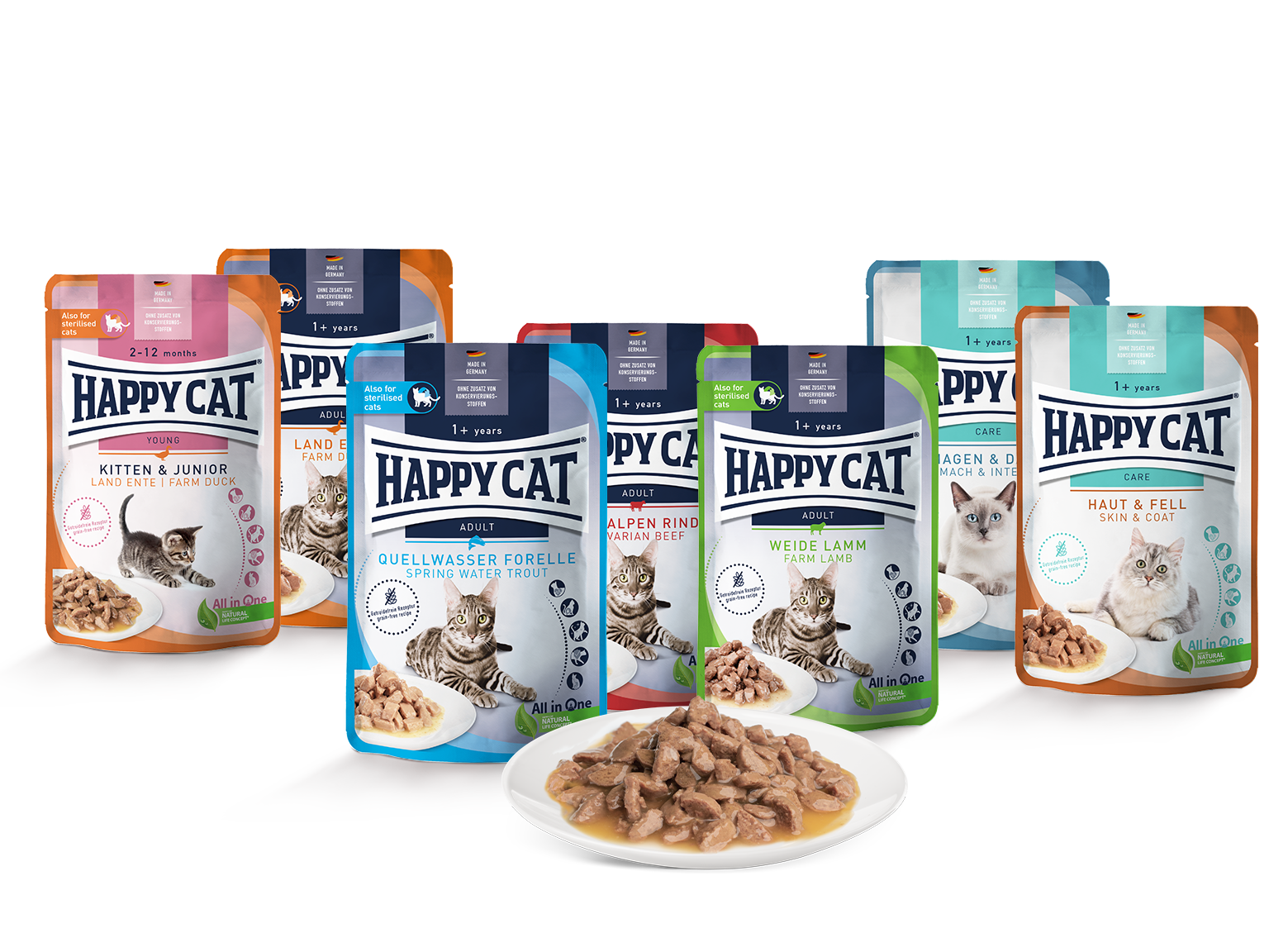 Verschiedene Verpackungen von Happy Cat Katzenfutter stehen hinter einem Teller mit Futter. Jede Packung hat unterschiedliche Geschmacksrichtungen und Altersangaben für Katzen.