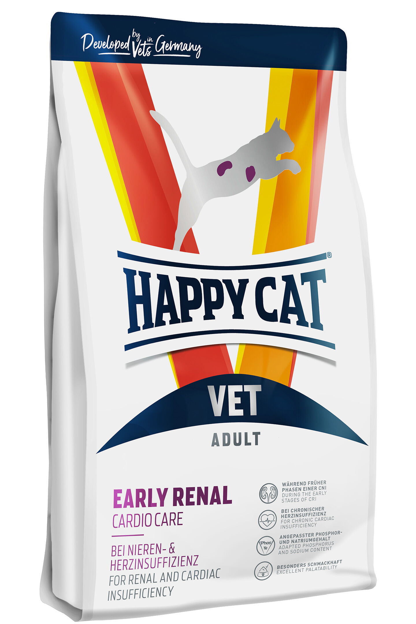 VET Diät Early Renal & Cardio Care Packung Katzenfutter, Marke Happy Cat, Variante „Vet Early Renal“ für erwachsene Katzen. Text auf der Packung beschreibt Eignung für Nieren- und Herzinsuffizienz bei Katzen. Entwickelt von Tierärzten in Deutschland.