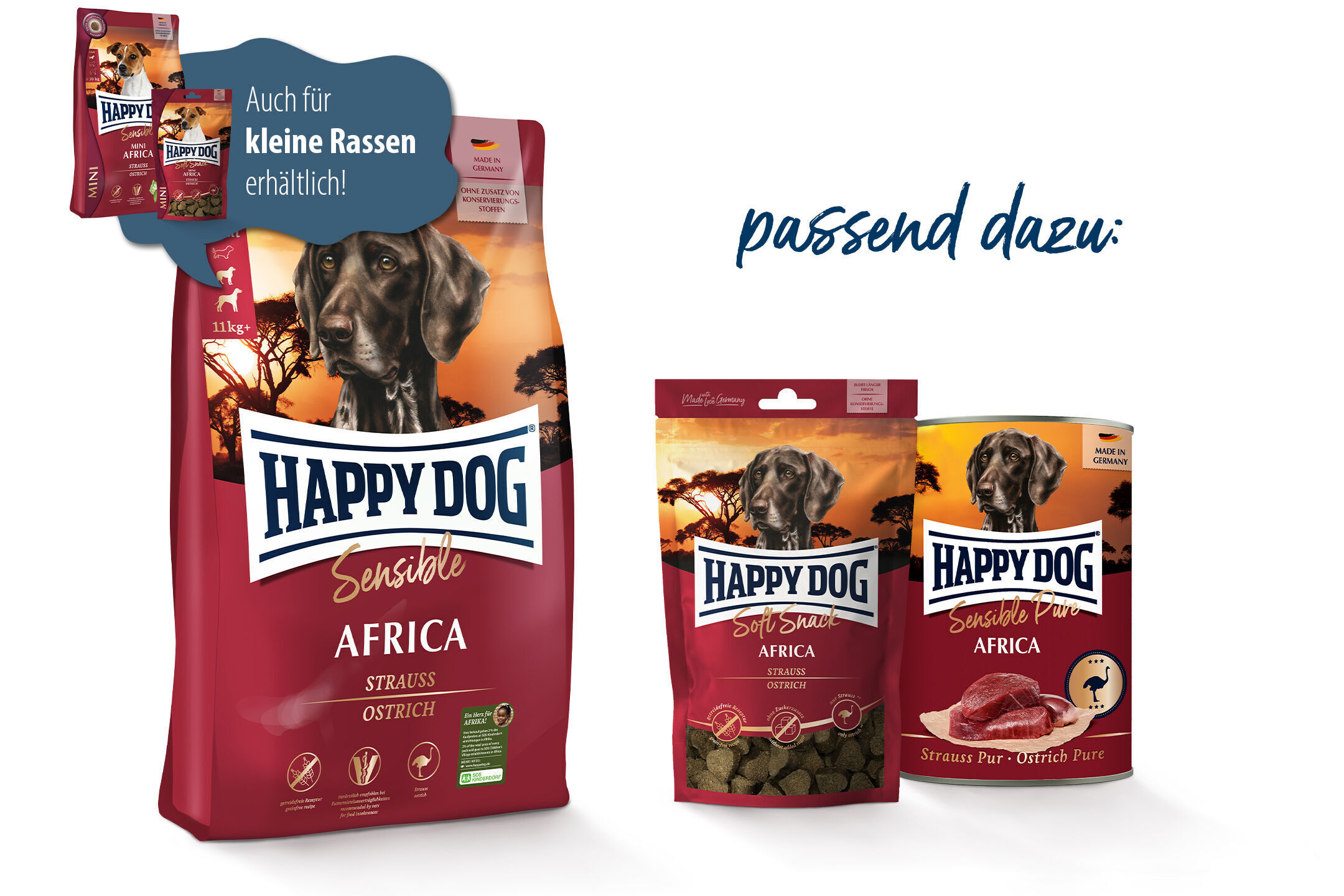 Hundefutterprodukte von Happydog in verschiedenen Verpackungen werden gezeigt, eine blau markierte Information weist darauf hin, dass sie auch für kleine Rassen erhältlich sind. Text: "passend dazu:", "Happy Dog Sensible Africa", "Strauss".