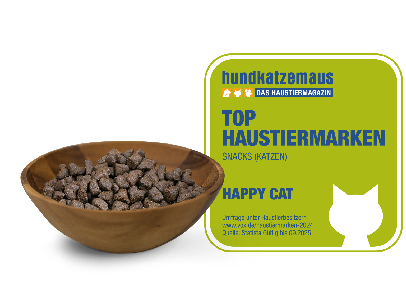 Holzschälchen mit Katzensnacks in Herzform und daneben das hundkatzemaus-Siegel zu den Top Haustiermarken