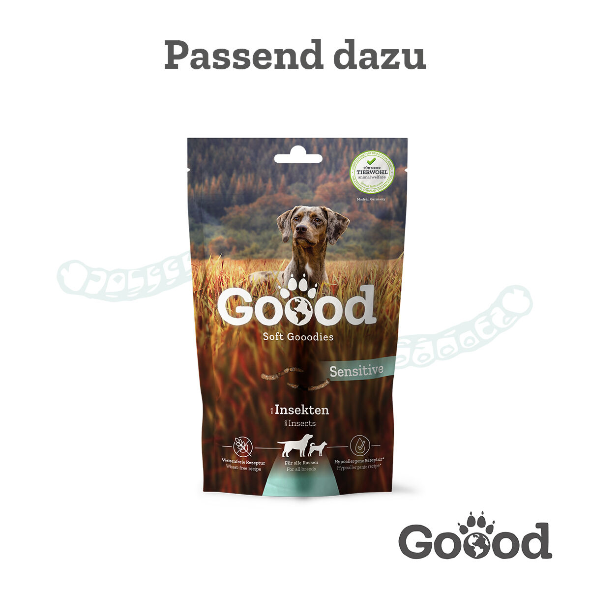 Verpackung von Goood Soft Goodies für Hunde zeigt Hund in Feld, enthält Text „Nachhaltige Insekten“ und „Passend dazu“, mit Informationen zu Inhaltsstoffen und Eigenschaften.