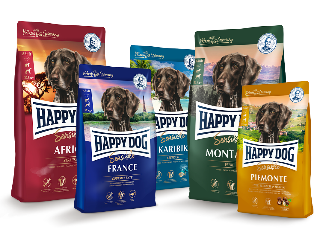 Darstellung verschiedener Produkte der Marke Happy Dog der Linie Sensible.