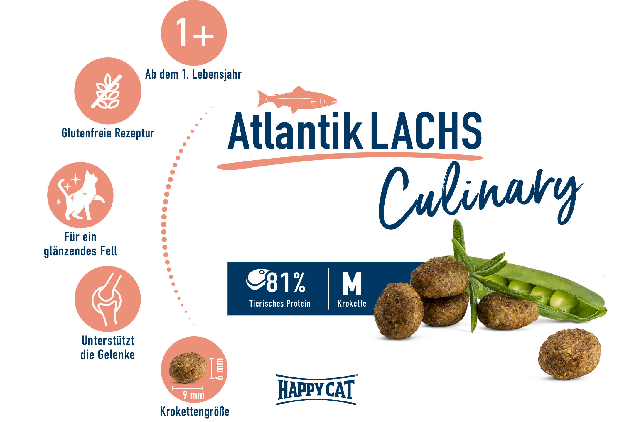 Verpackung von Happycat Trockenfutter für Katzen mit Atlantik-Lachs. Enthält Informationen wie glutenfreie Rezeptur, fördert glänzendes Fell, unterstützt Gelenke, 81% tierisches Protein, Krokettengröße 9mm.