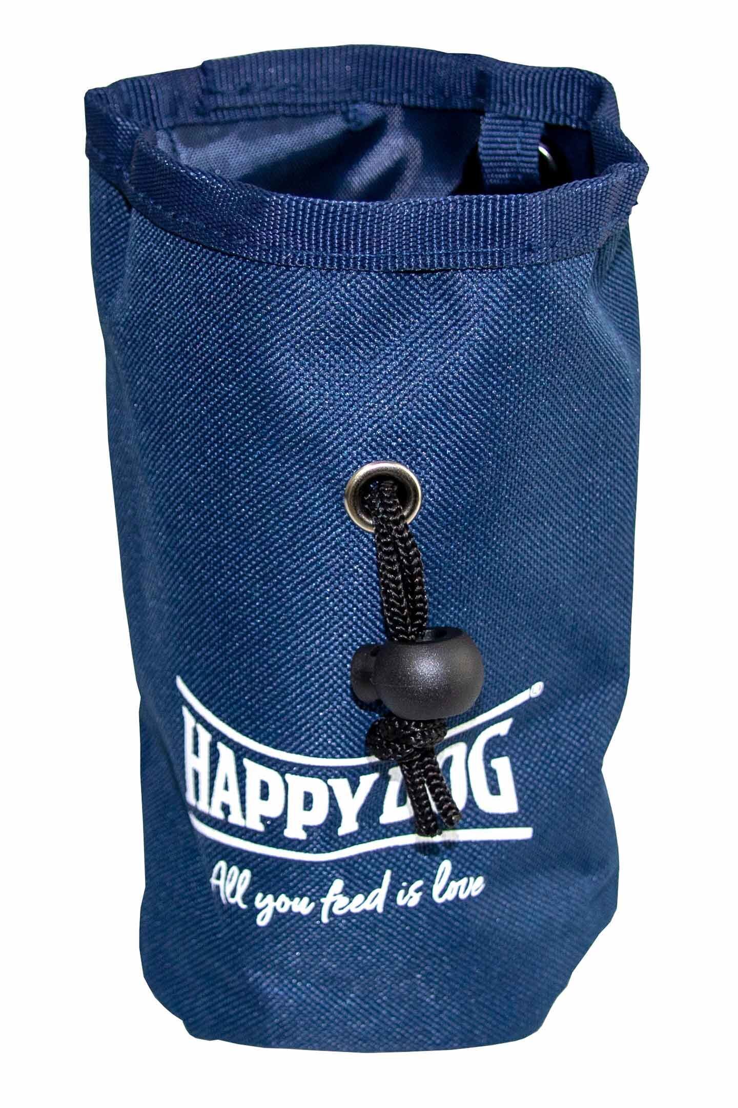 Leckerlibeutel Blauer Futterbeutel mit „Happydog“-Logo und Schriftzug „All you feed is love“, Verschluss mit Kordelstopper, verwendet zur Aufbewahrung von Tierfutter.