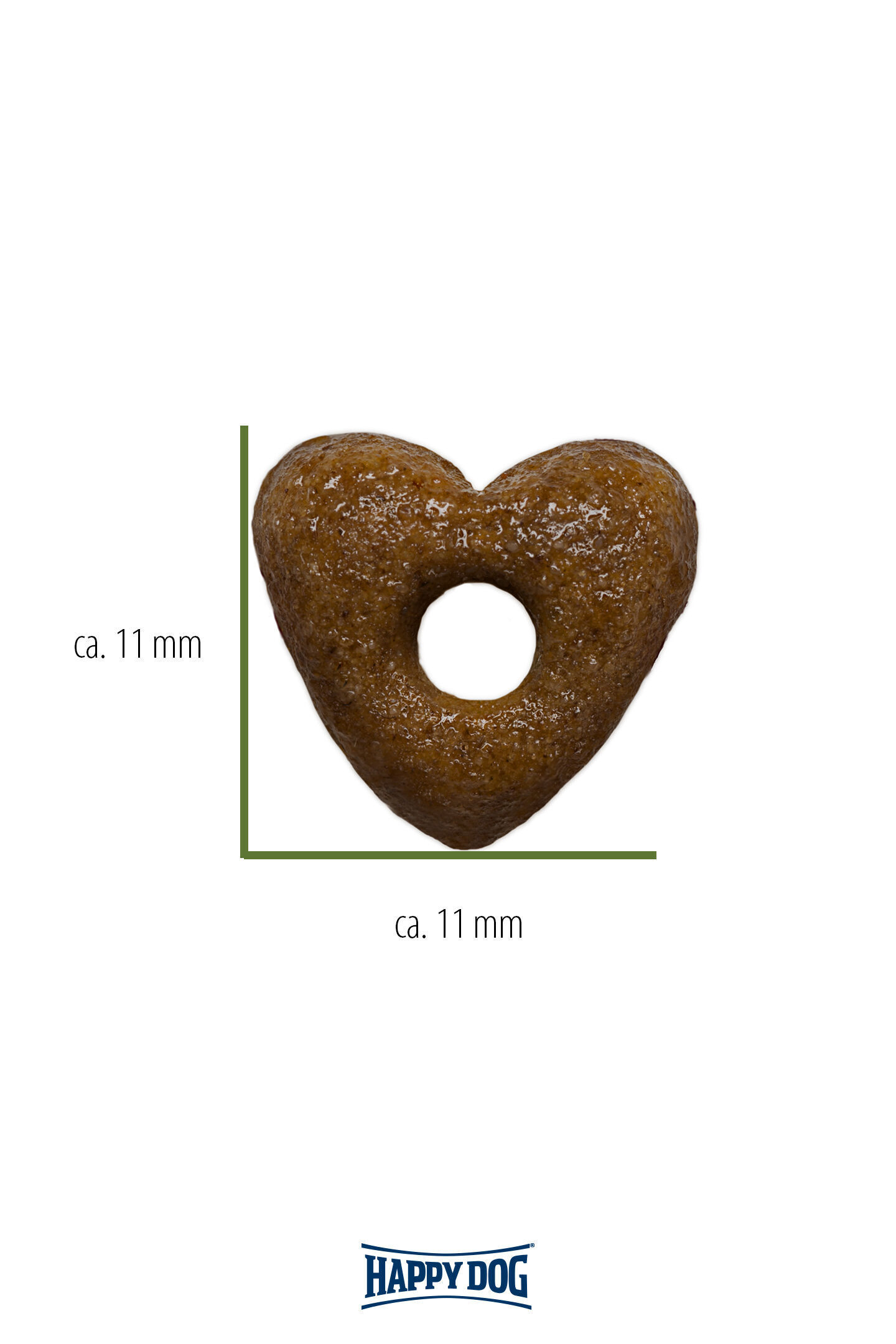 Herzförmiges, dunkelbraunes Futterstück mit Loch, ca. 11 mm groß. Darunter das Logo „HAPPY DOG“. Abmessungen angegeben: ca. 11 mm x 11 mm.