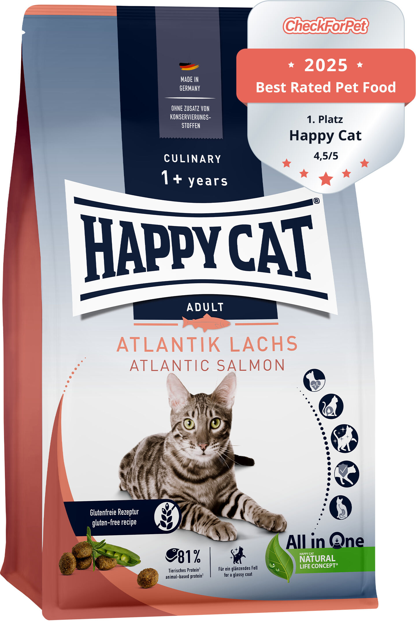 Eine Verpackung mit Happy Cat Katzenfutter: Atlantilachs-Design, zeigt eine Katze. Text: "Made in Germany, Ohne Zusatz von Konservierungsstoffen, Best Rated Pet Food 2023, 1. Platz Happy Cat."