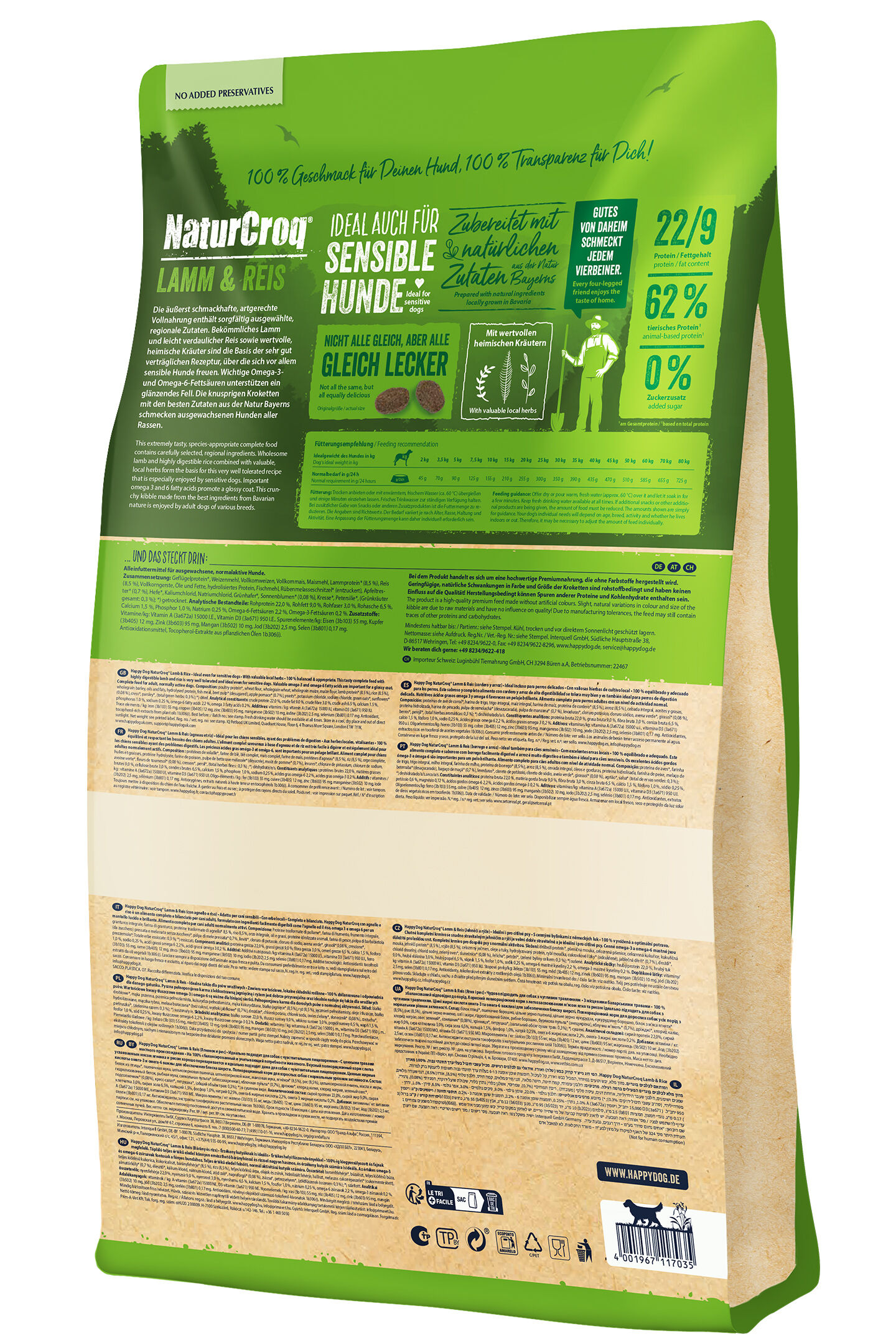 Hundefutterpackung aus Papier mit grün-gelbem Design, Text "NaturCroc Lamm & Reis", "IDEAL AUCH FÜR SENSIBLE HUNDE", Nährwertangaben, "Happydog" Marke, Abbildungen von Kräutern und Hundefutterpellets.