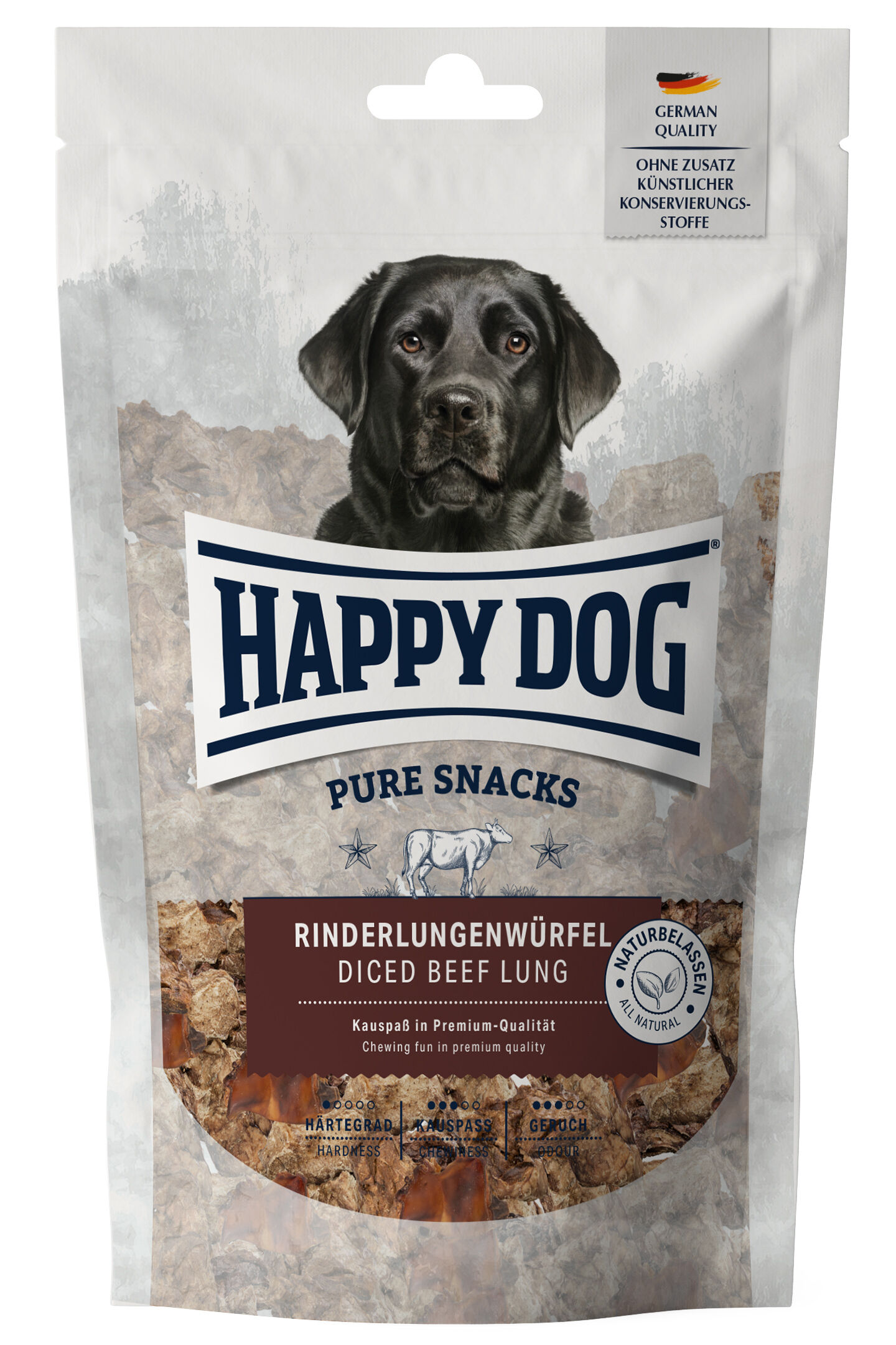 Vorderseite der Verpackung des Rinderlungenwürfel Pure Snack von Happy Dog
