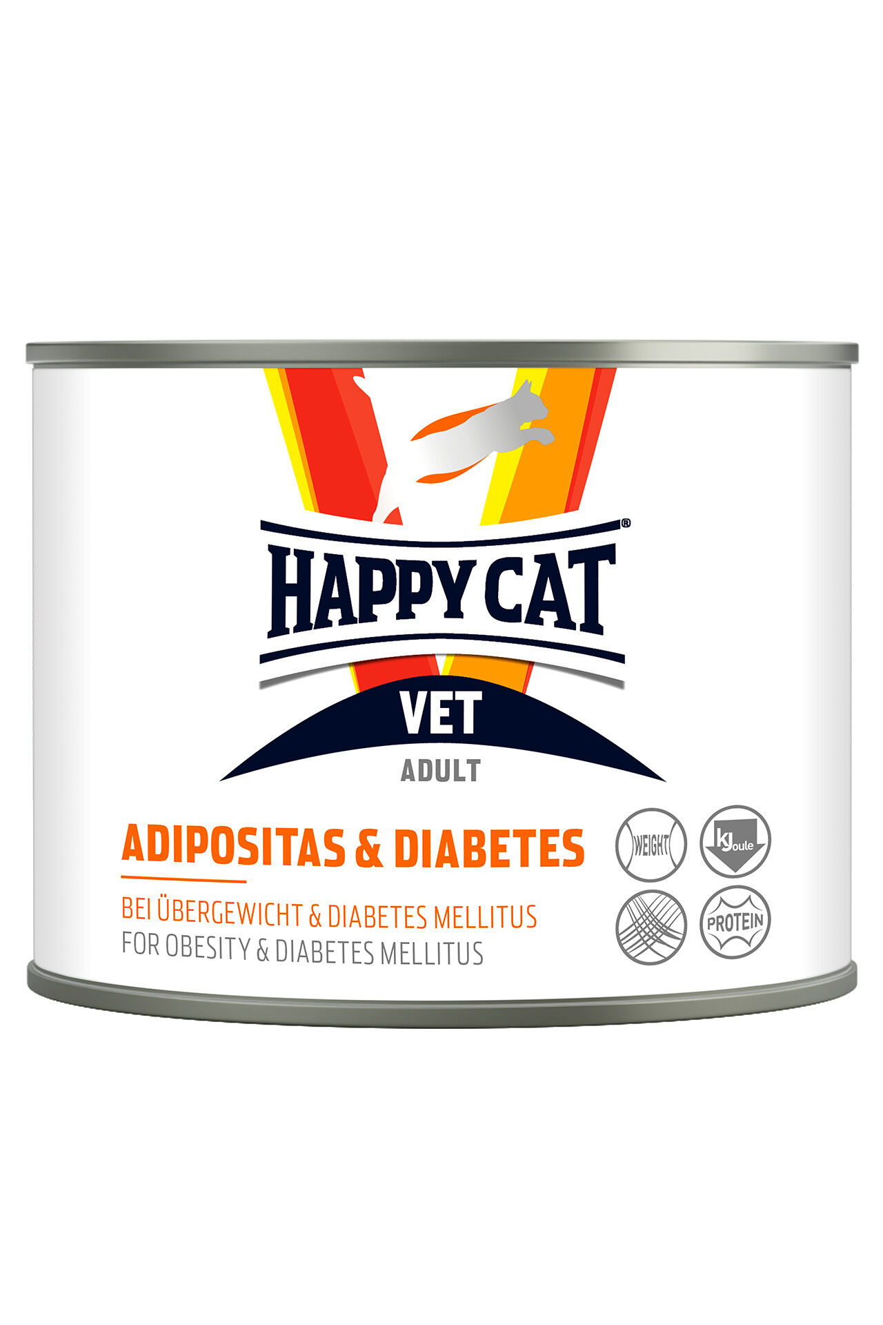 VET Diät Adipositas & Diabetes karma mokra Dose mit der Aufschrift "Happy Cat VET ADULT" für "Adipositas und Diabetes". Geeignet für erwachsene Katzen, enthält Symbole für Gewicht, Energiegehalt, Protein.