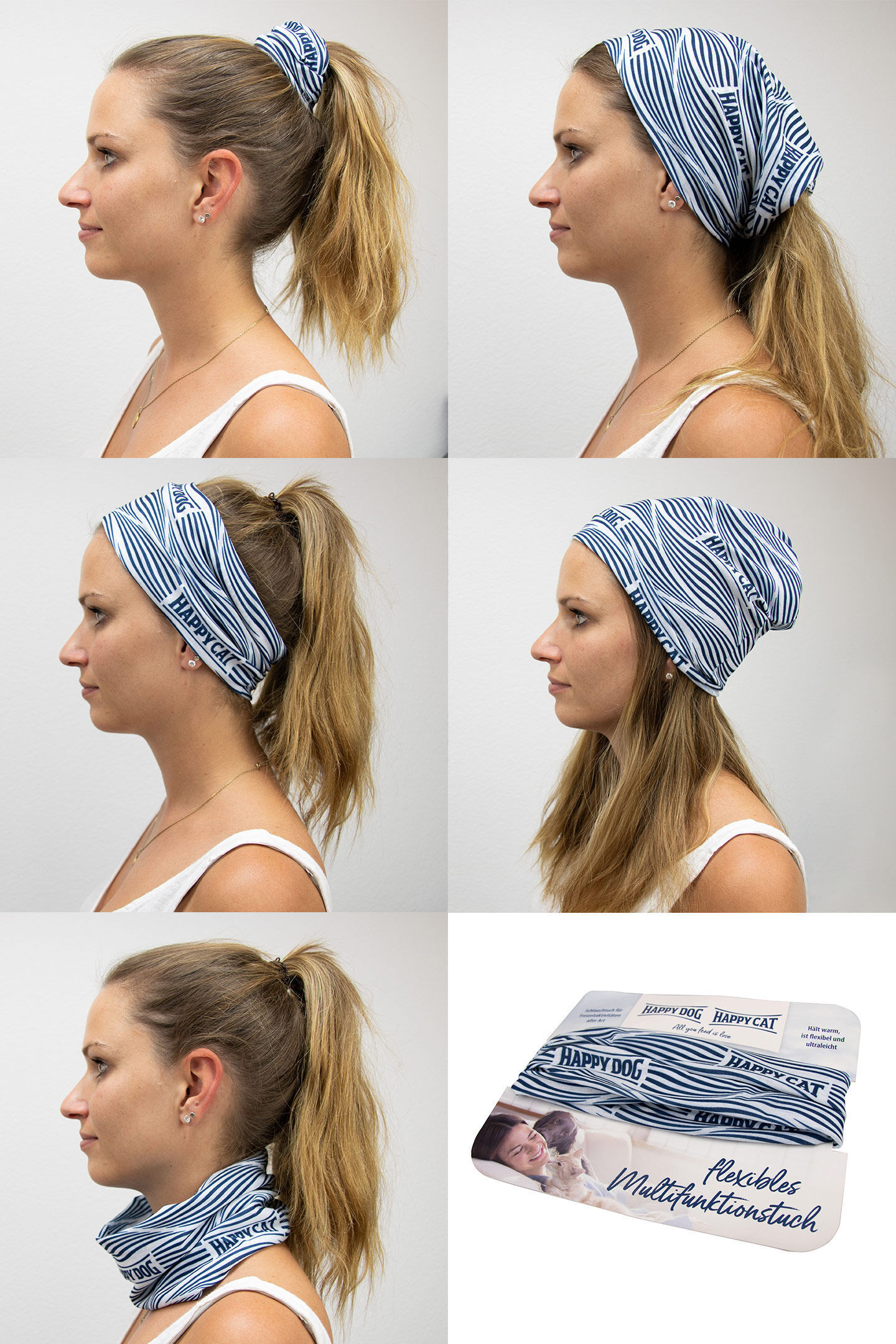Eine Frau trägt ein blau-weiß gestreiftes Multifunktionstuch in verschiedenen Stilen. Text: „HAPPY DOG“, „HAPPY CAT“, „Flexibles Multifunktionstuch“, „Hält warm...und äußerst elastisch.“