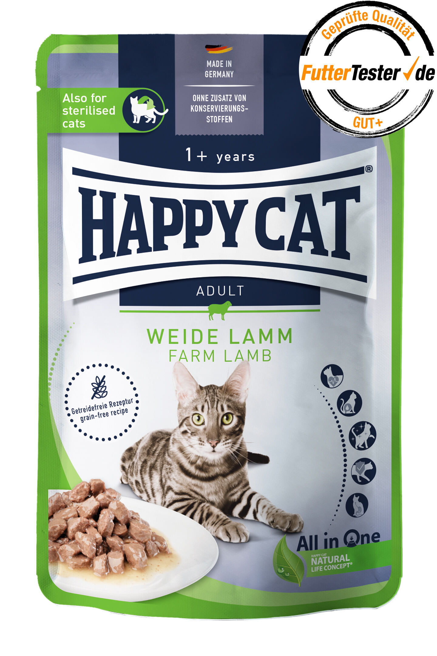 Katzenfutter von Happycat "Happy Cat" für erwachsene, sterilisierte Katzen, Geschmacksvariante Weide Lamm. Verpackung zeigt eine Katze, Futter-Stückchen und enthält Text: "Made in Germany, Ohne Zusatz von Konservierungsstoffen".