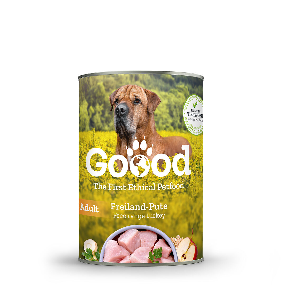 Dose Hundefutter, Marke "Goood", zeigt Hund auf Feld und Schüssel mit Fleisch, geeignet für erwachsene Hunde; Text: "Freiland-Pute".
