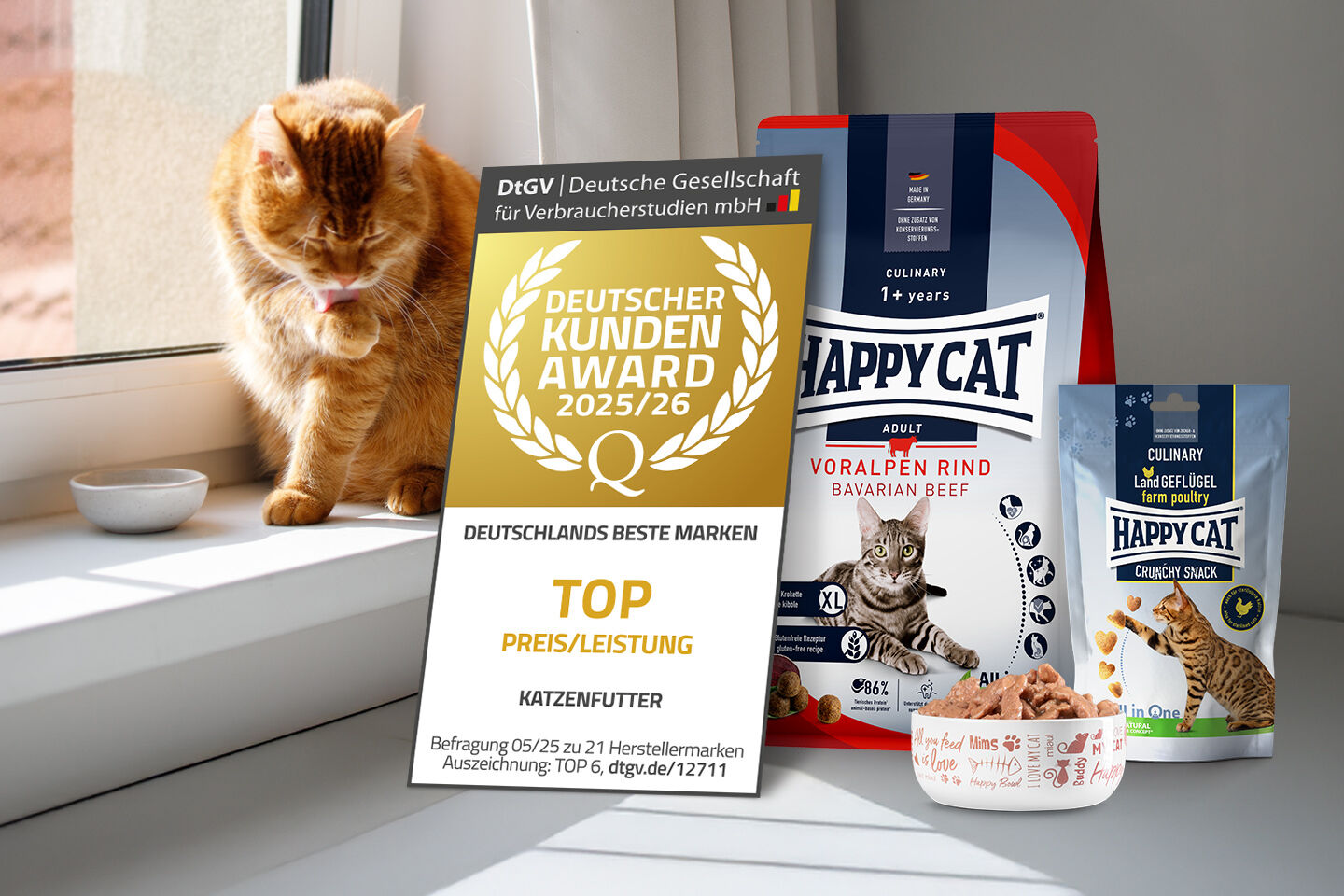 Katzenfutter + Siegel zur Auszeichnung Deutschlands beste Marken und im Hintergrund ist eine rote Katze auf der Fensterbank zu sehen.