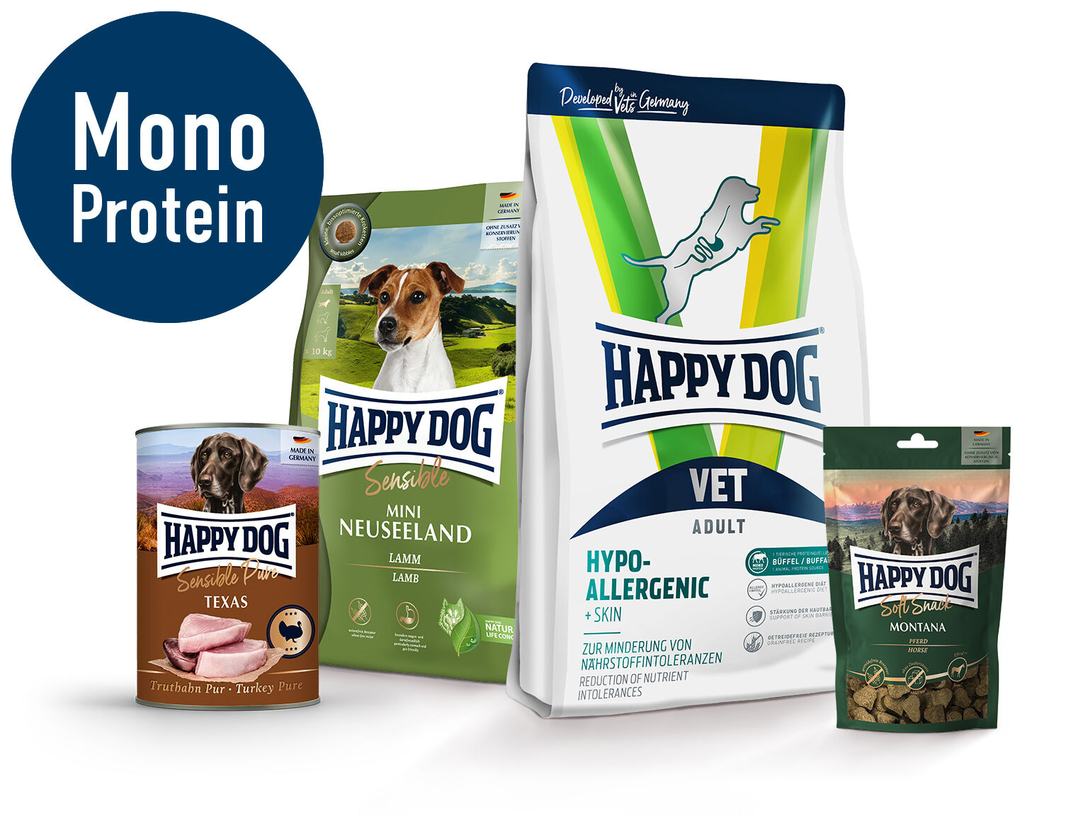 Auswahl an Happy Dog Produkten mit Monoportein.
