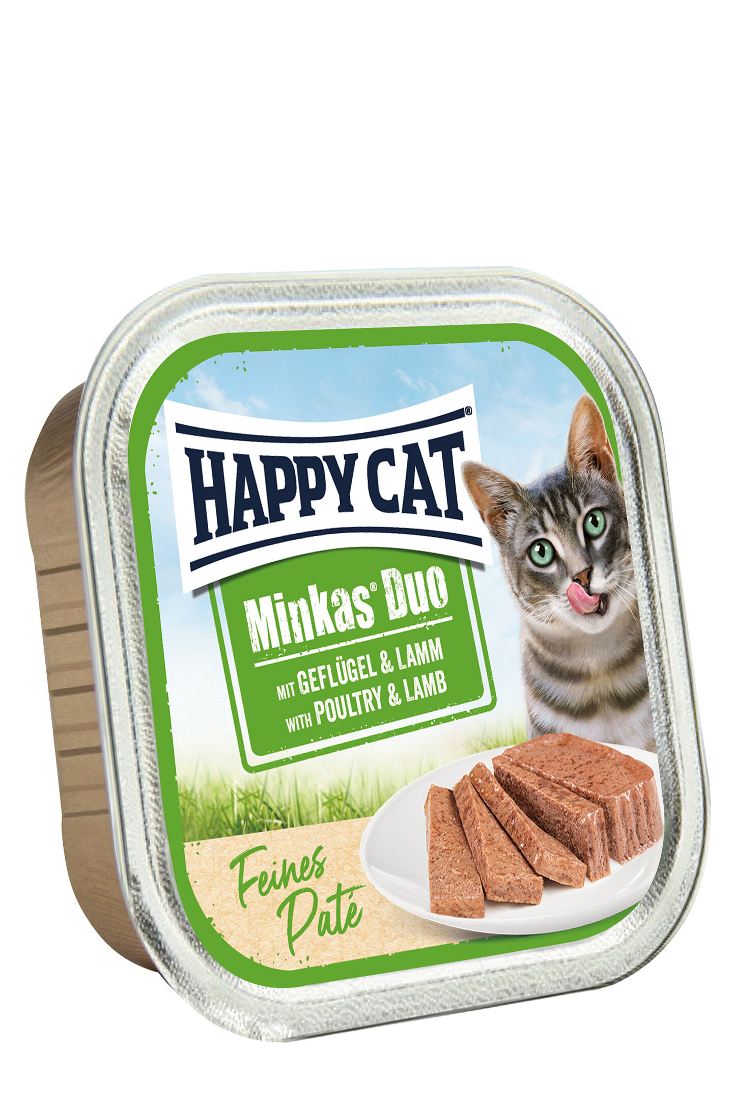 Katzenfutter-Verpackung von Happy Cat mit der Aufschrift "Minkas Duo", "Geflügel & Lamm", "Feines Pate". Abgebildet ist eine Katze, die sich die Lippen leckt.