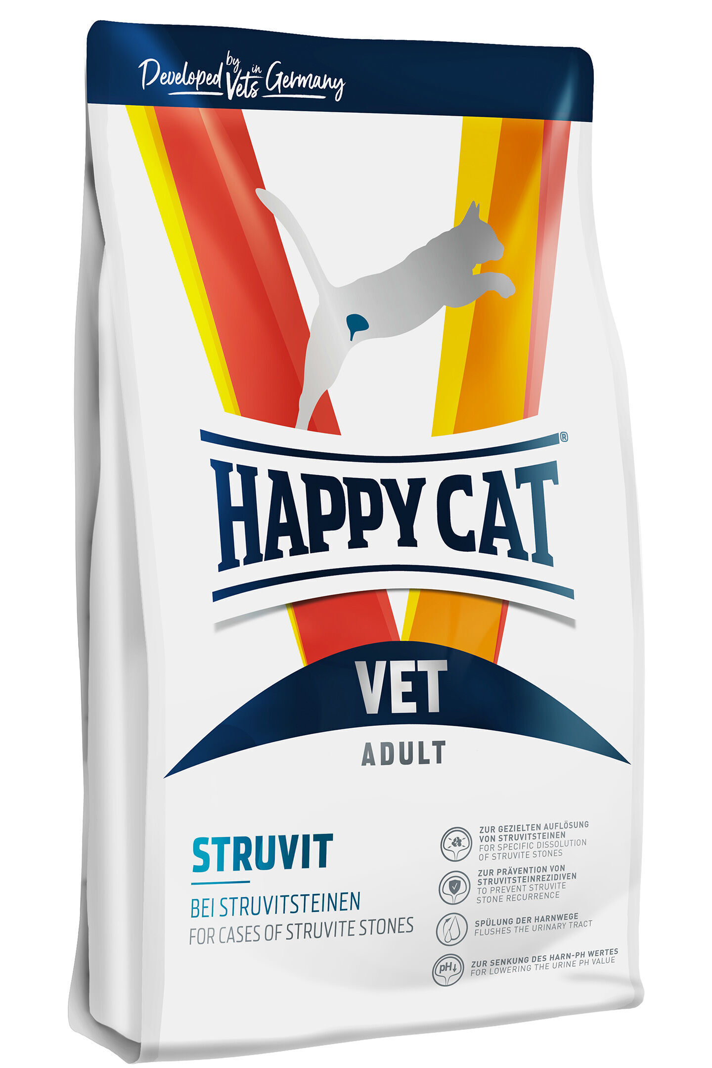 VET Diät Struvit trocken Verpackung von Happy Cat Heimtierfutter, VET Adult Struvit, speziell zur Unterstützung bei Struvitsteinen bei Katzen. Text: „Zur gezielten Auflösung von Struvitsteinen, Spülung der Harnwege."