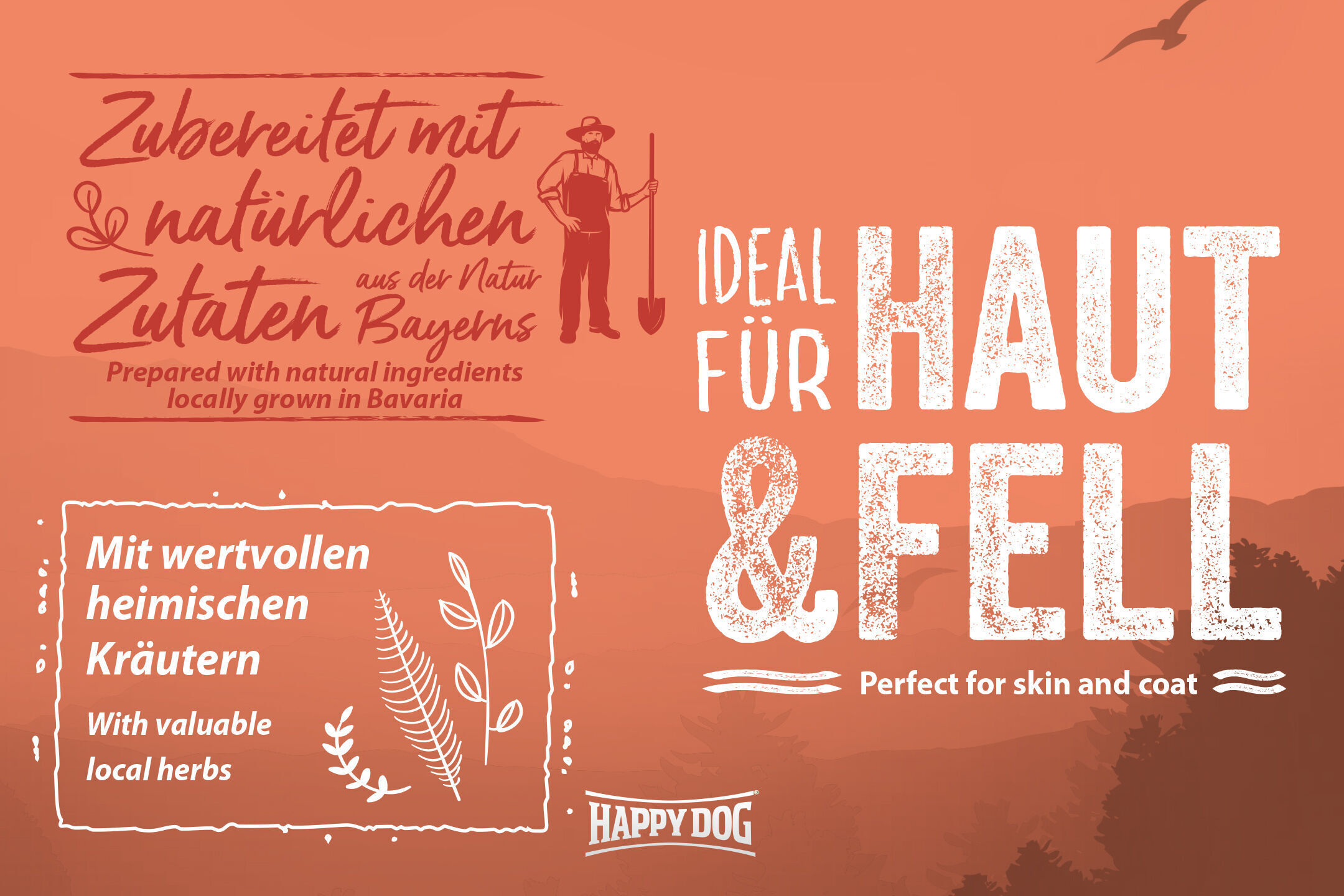 Schild beschreibt Heimtierfutter mit natürlichen Zutaten aus Bayern, ideal für Haut und Fell. Mit wertvollen heimischen Kräutern. Markennamen „Happydog“ prominent unten. Hintergrund in Erdtönen.