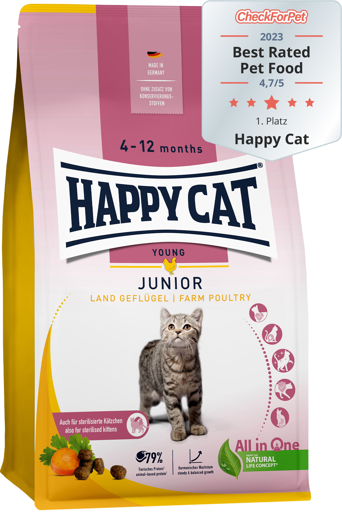 Katzenfutterverpackung von Happy Cat mit Auszeichnungssiegel, Katze abgebildet. Text: "4-12 months, Young, Junior, Land Geflügel, 79% tierisches Protein, Harmonisches Wachstum, All in One."