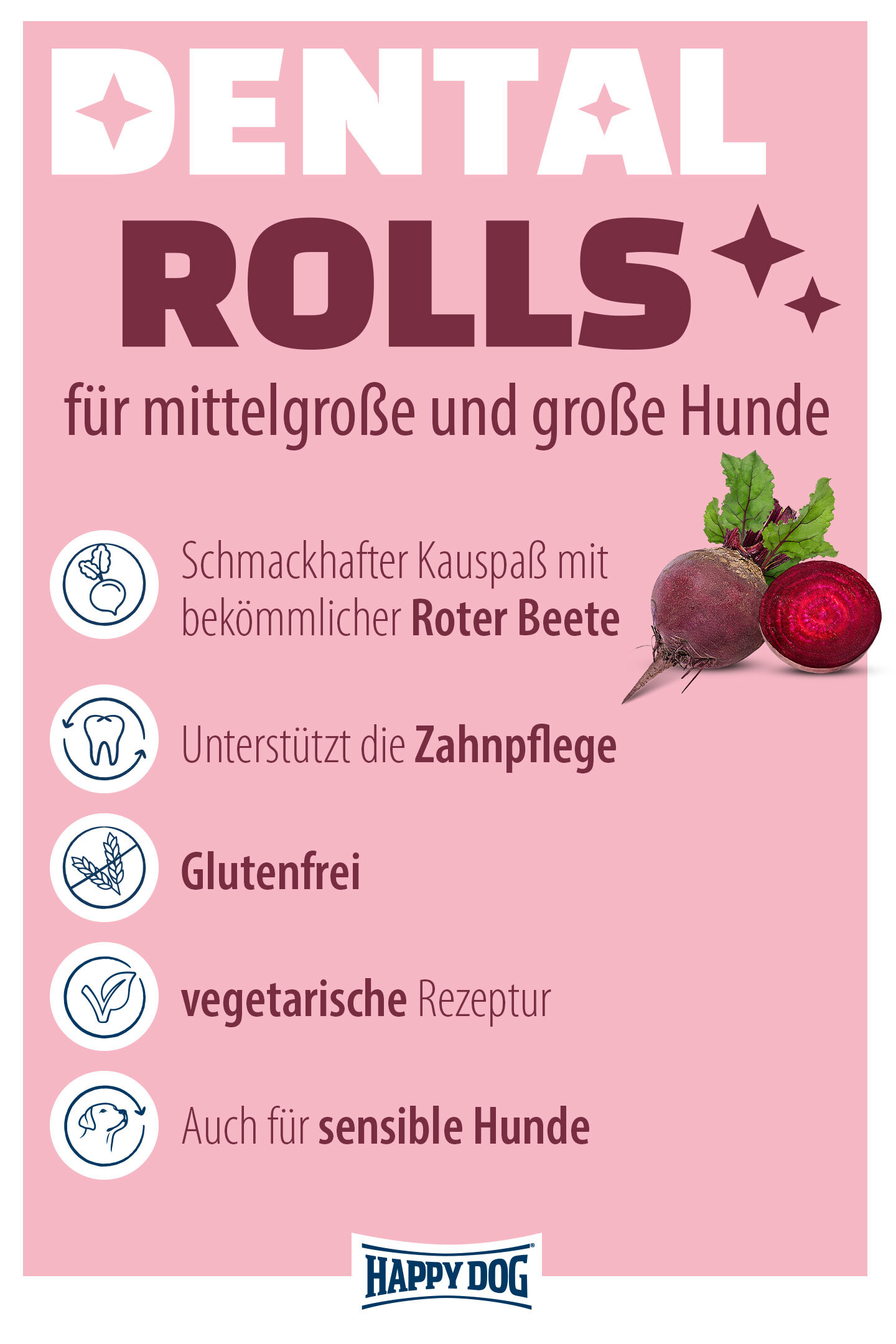 Produktvorteile der Dental Rolls Kaustangen von Happy Dog mit Zahnpflegeeffekt für Hunde