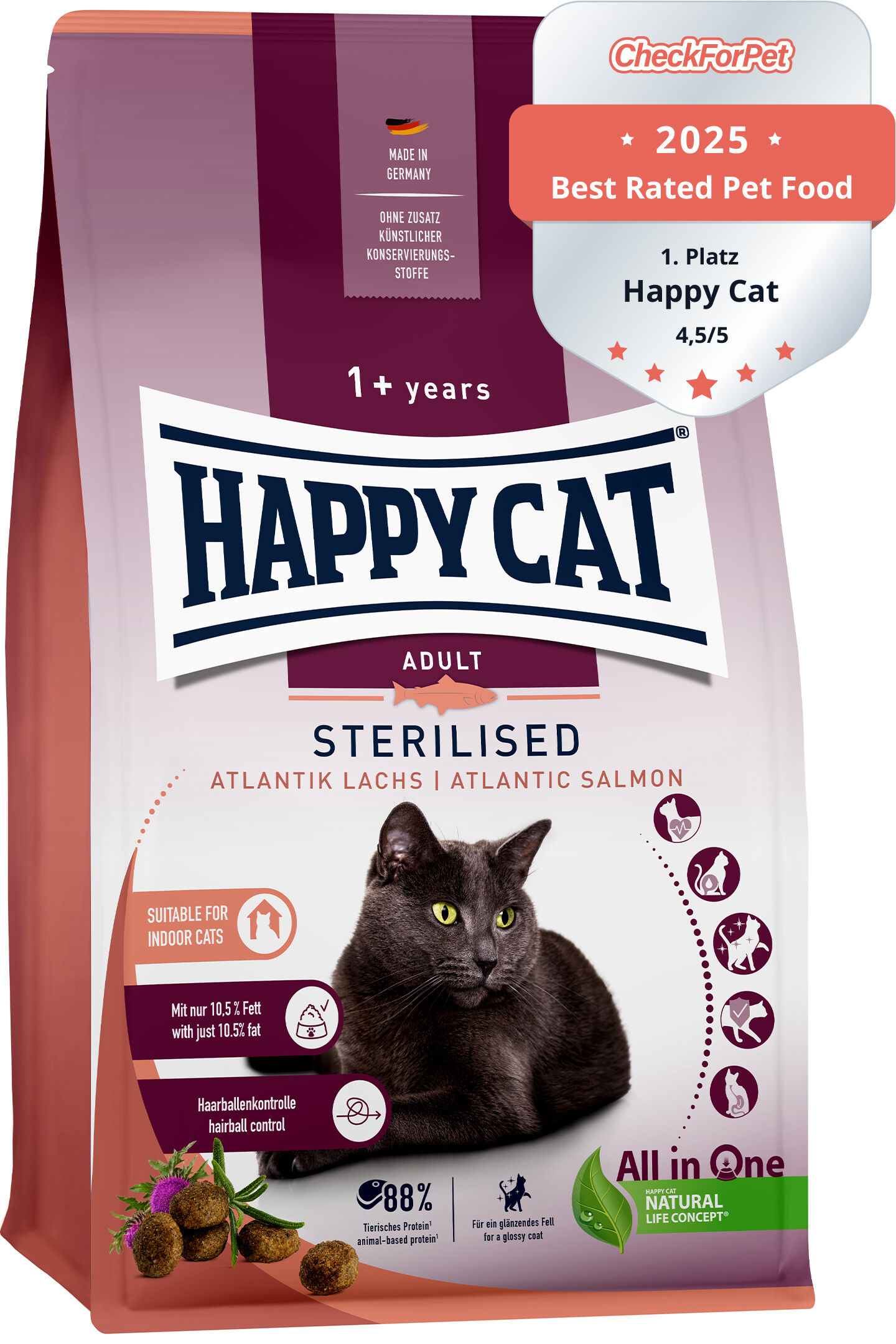 Katzenfutterbeutel mit schwarzer Katze, Produktbeschreibung "STERILISED Atlantic Salmon", Markenname "Happy Cat", Auszeichnung "Best Rated Pet Food 2023" von CheckForPet.