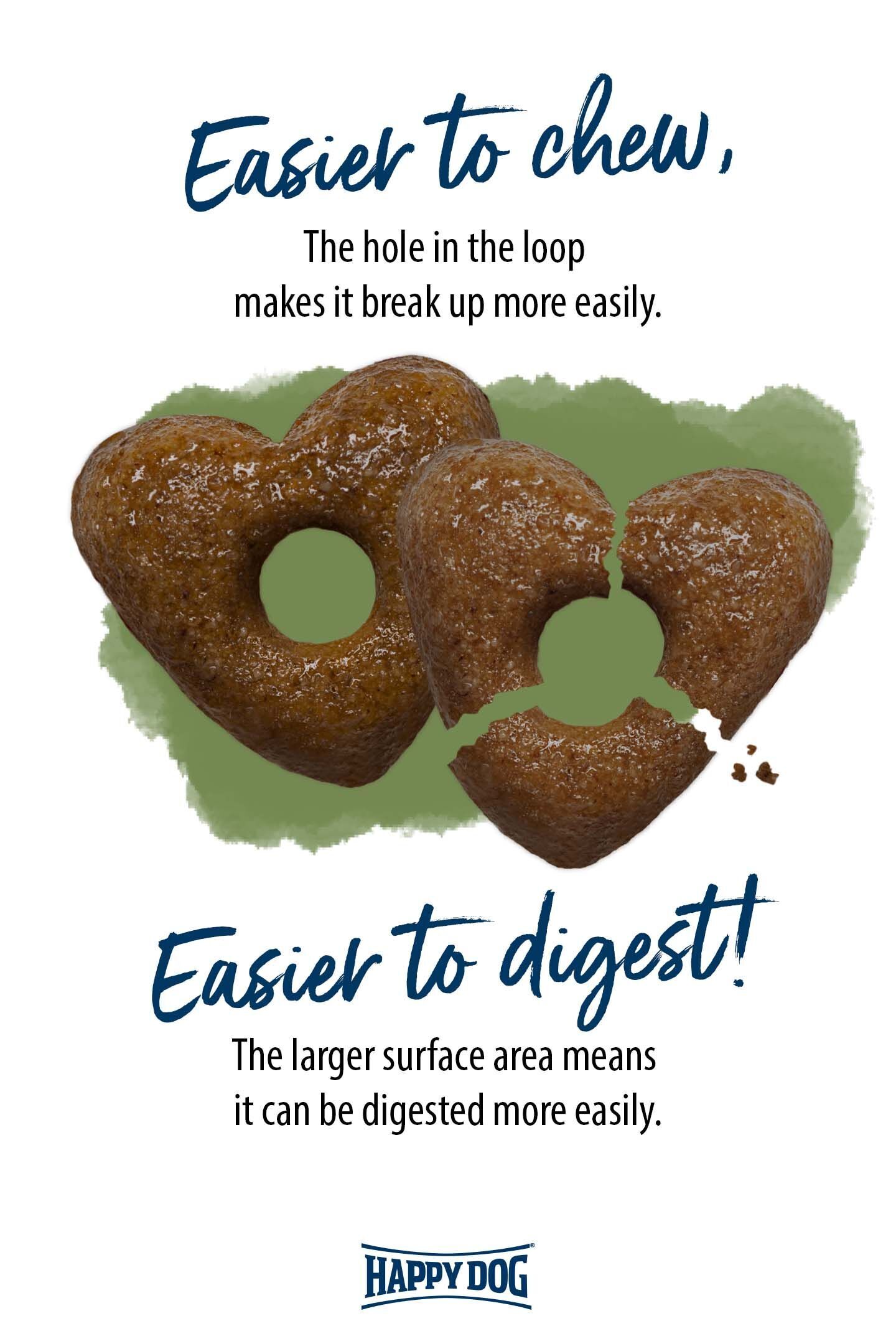 Hundefutter in Herzform mit Loch, beworben als leichter zu kauen und zu verdauen. Text: "Easier to chew, The hole in the loop makes it break up more easily. Easier to digest! The larger surface area means it can be digested more easily. HAPPY DOG."