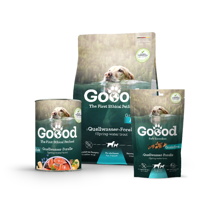 Hundefutter Produkte der Sorte Nachhaltige Forelle der Marke Goood.