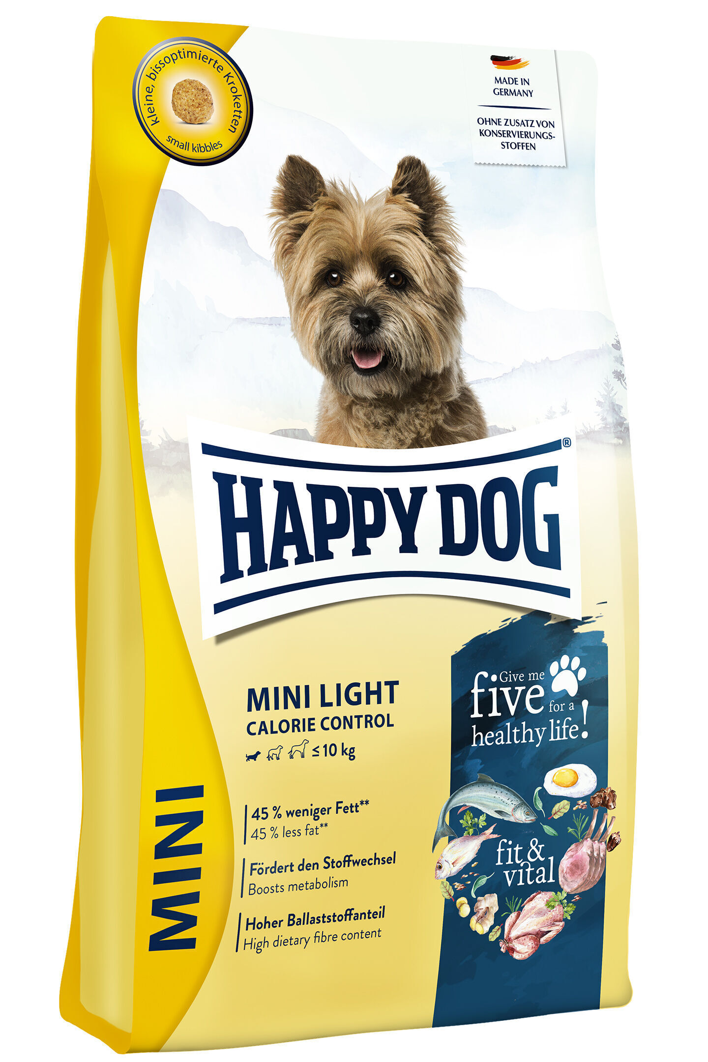 Eine Verpackung von Happydog Mini Light Calorie Control mit einem kleinen Hund abgebildet. Text: "45 % weniger Fett, Fördert den Stoffwechsel, Hoher Ballaststoffanteil".