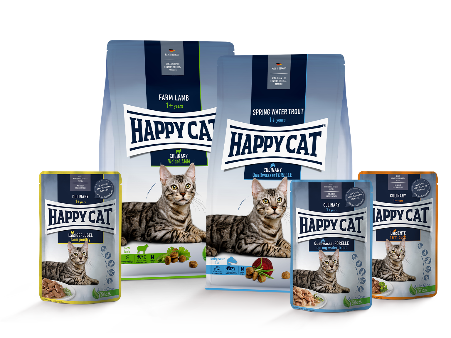 Zwei Packungen Trockenfutter und drei Packungen Nassfutter der Linie Happy Cat Culinary