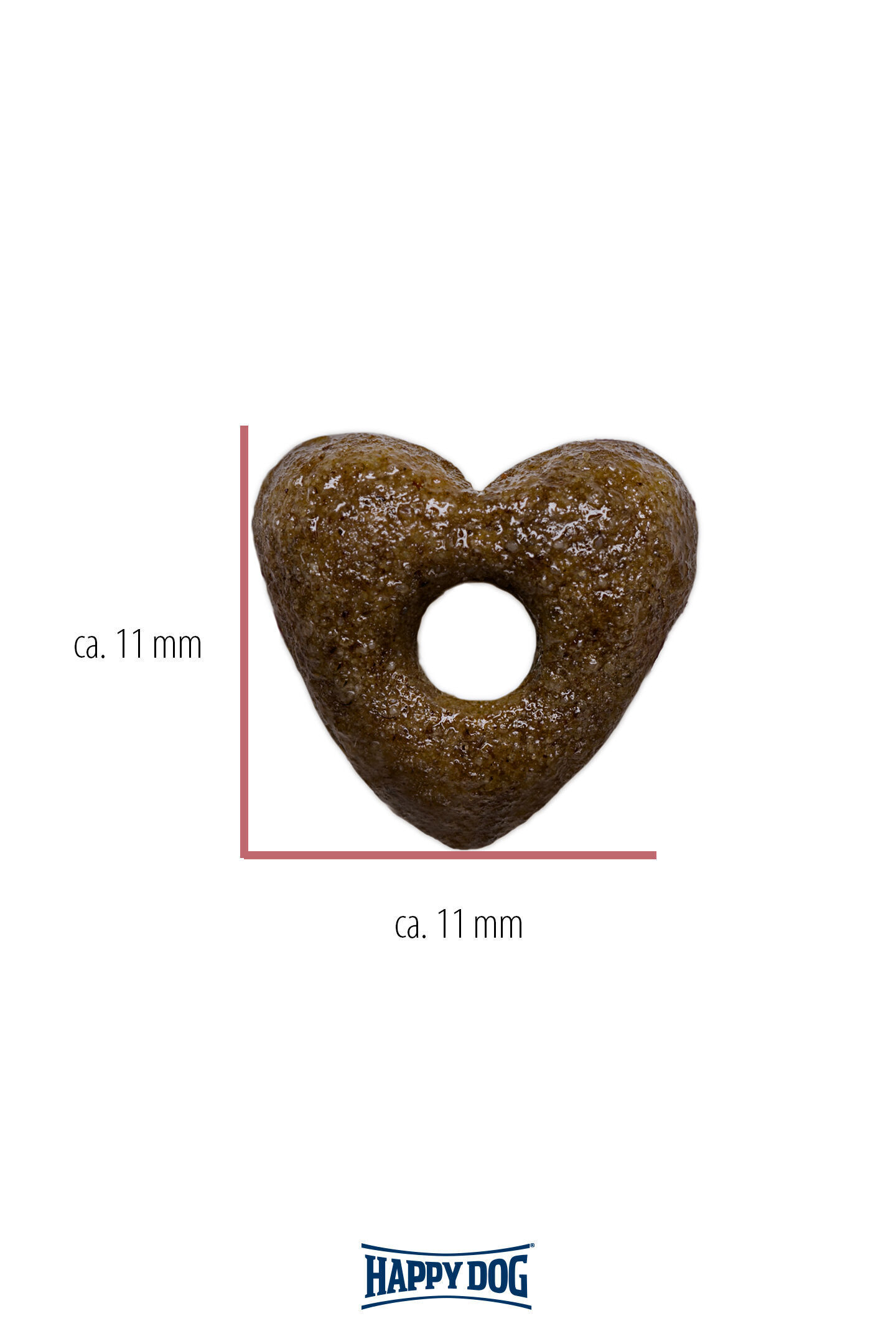 Herzförmiges, braunes Trockenfutterstück mit Loch, ca. 11 mm groß. Darunter "HAPPYDOG"-Logo.