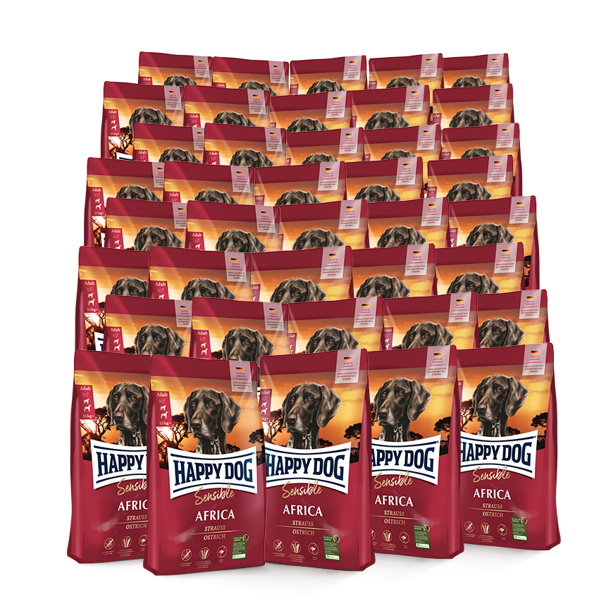 Viele Produktverpackungen von Happy Dog Sensible in der Sorte Africa.