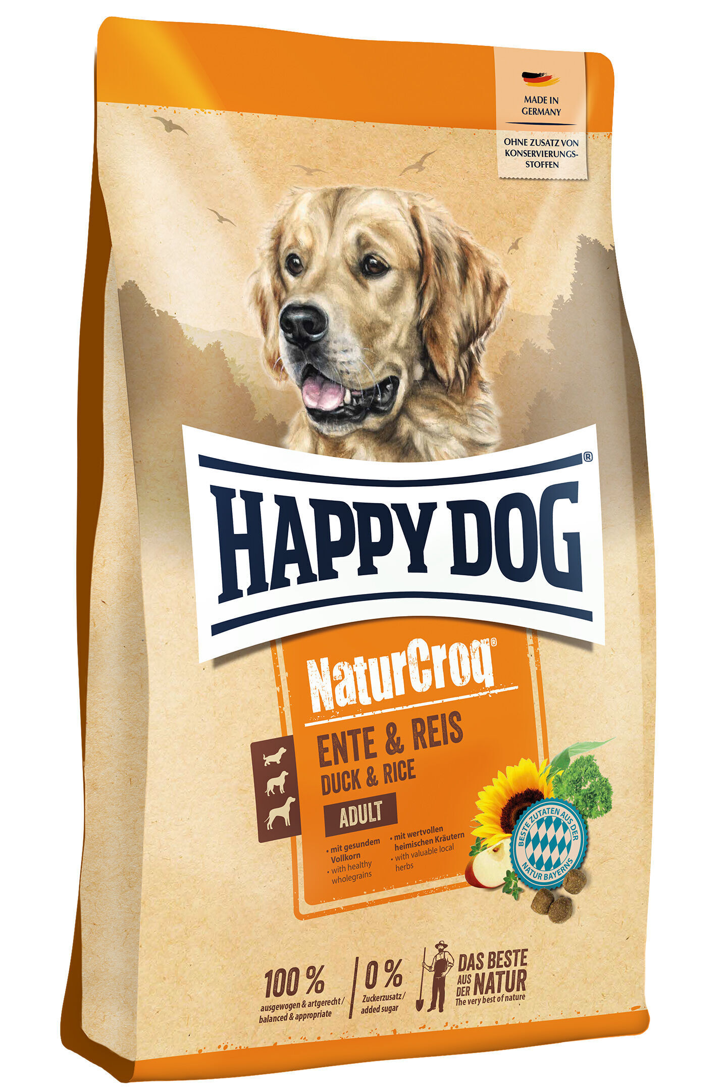 Eine Packung Hundefutter der Marke Happydog mit einem Hundebild, Texten auf Deutsch über Inhaltsstoffe und Herkunft. Beinhaltet Ente und Reis für erwachsene Hunde.