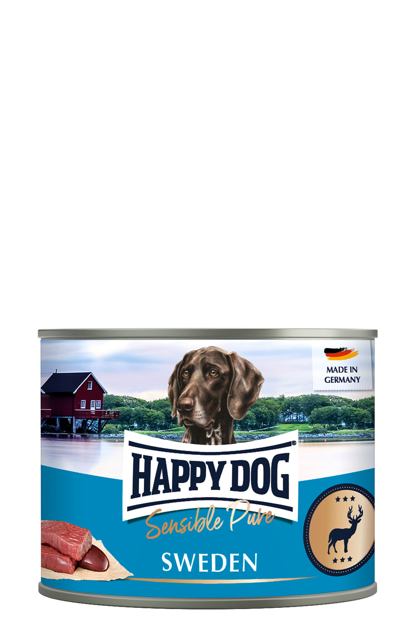Dose mit Happy Dog-Logo; zeigt einen Hund in natürlicher Landschaft, rote Hütte im Hintergrund; Text: "Sensible Pure Sweden", "Made in Germany".