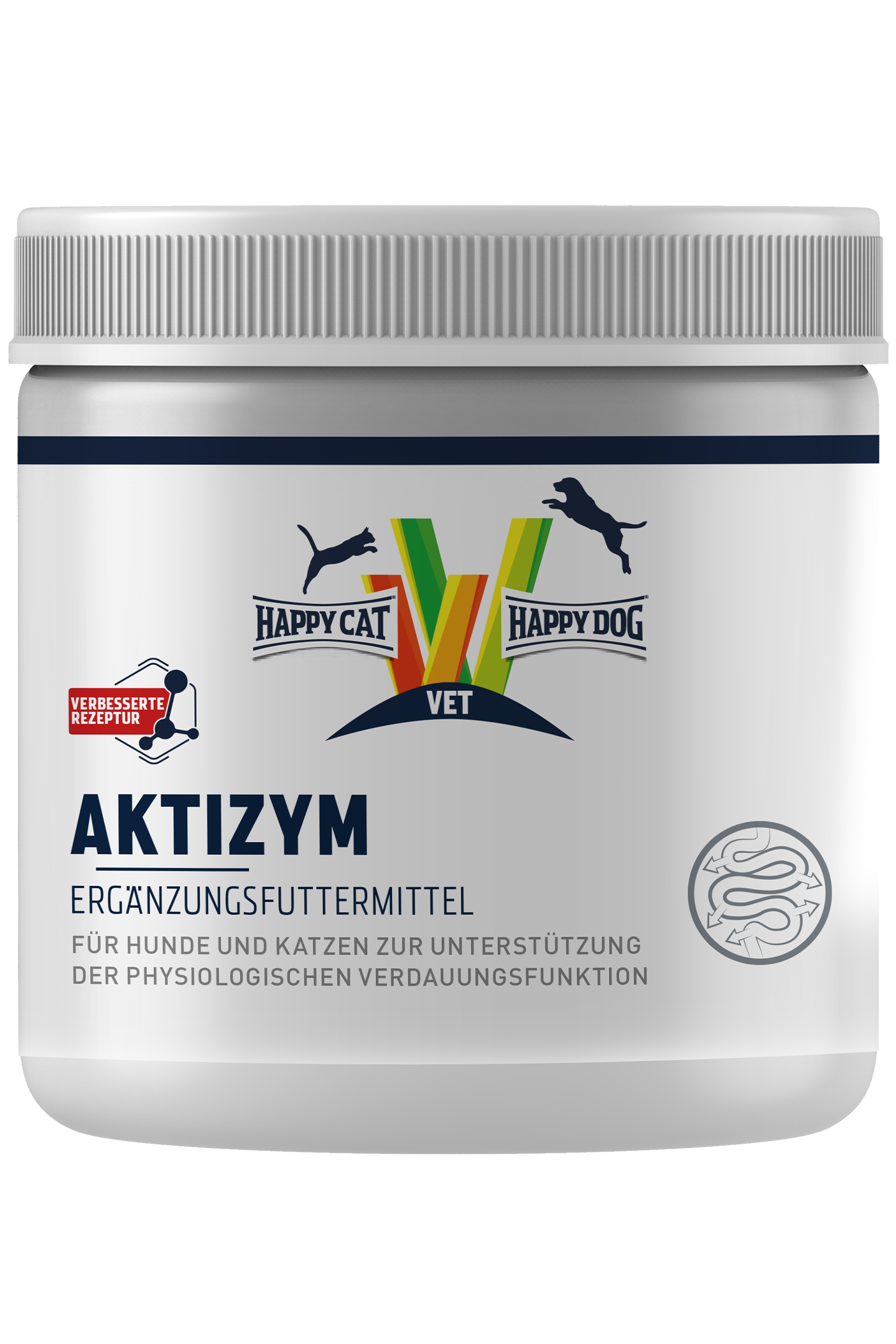 Ein Behälter mit der Aufschrift "Aktizym Ergänzungsfuttermittel" zeigt die Marken "Happy Cat" und "Happydog", dient der Unterstützung der Verdauungsfunktion bei Hunden und Katzen.