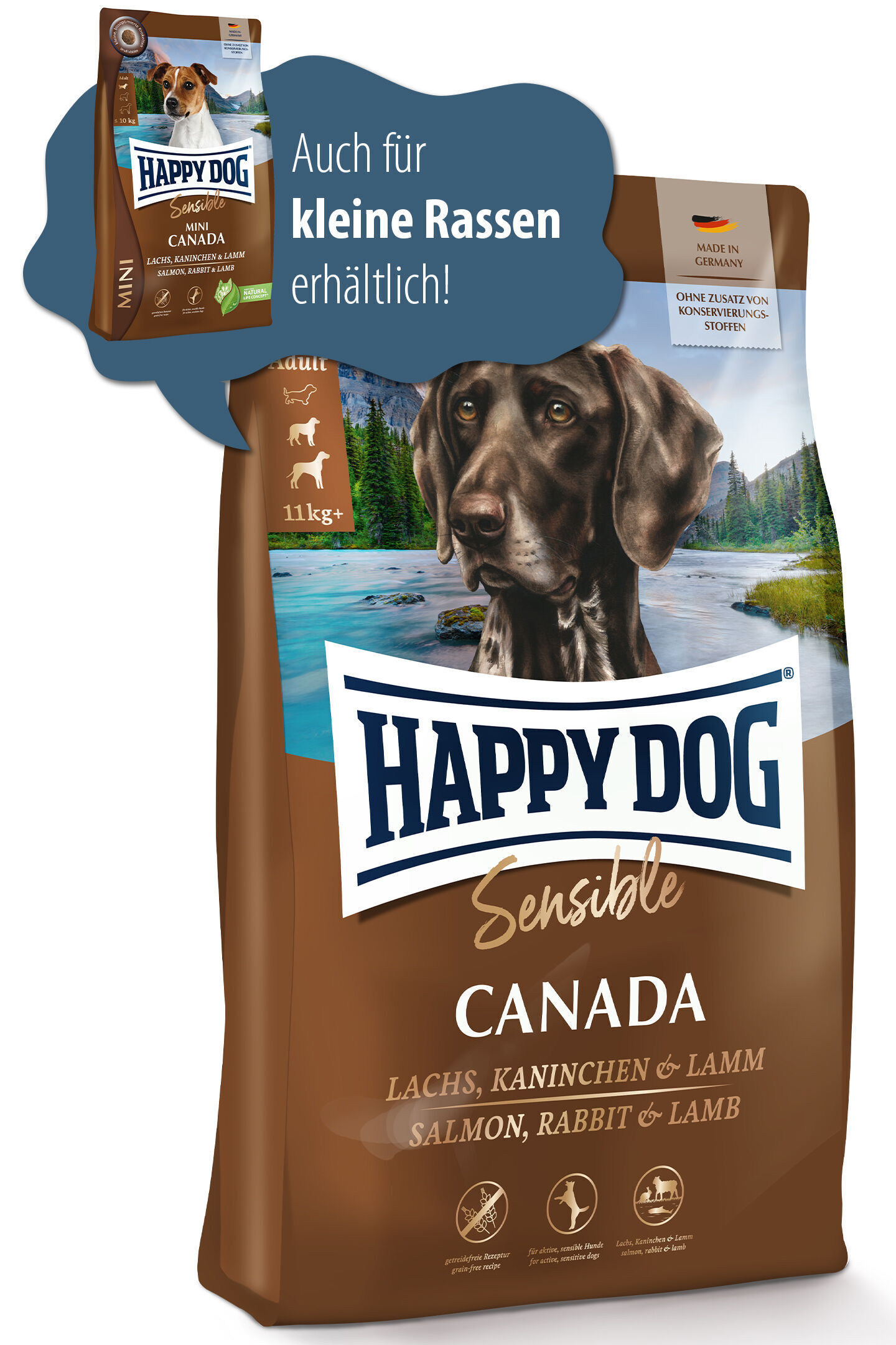 Hundefutter-Verpackung "Happy Dog Sensible Canada" mit Motiv eines Hundes vor Landschaft; geeignet für kleine Rassen, enthält Lachs, Kaninchen und Lamm. Text: "Auch für kleine Rassen erhältlich!".