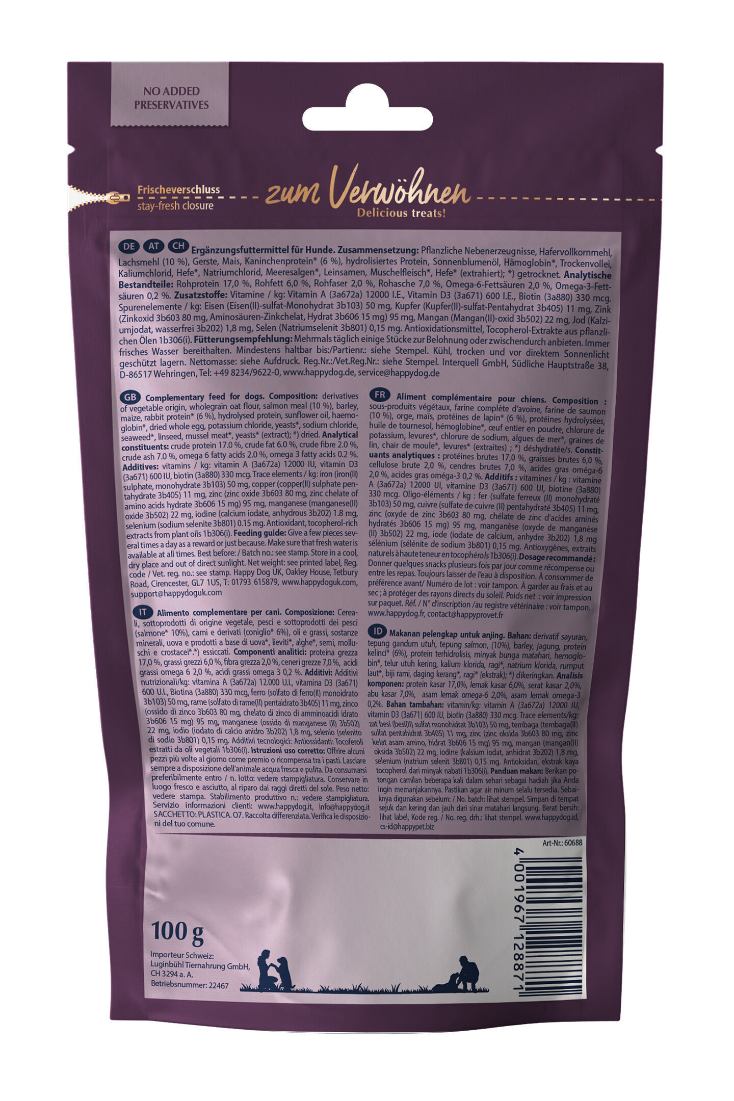 Lila Verpackung mit detaillierter Produktbeschreibung für Ergänzungsfuttermittel für Hunde von Happydog. Enthält Hinweise zur Zusammensetzung, Fütterung und Mindesthaltbarkeitsdauer in mehreren Sprachen.