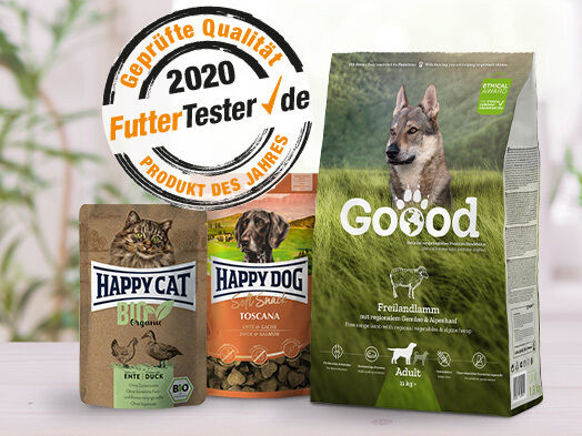 Darstellung von Produkten der Marke Goood mit der Auszeichnung von FutterTester zum Produkt des Jahres 2020.